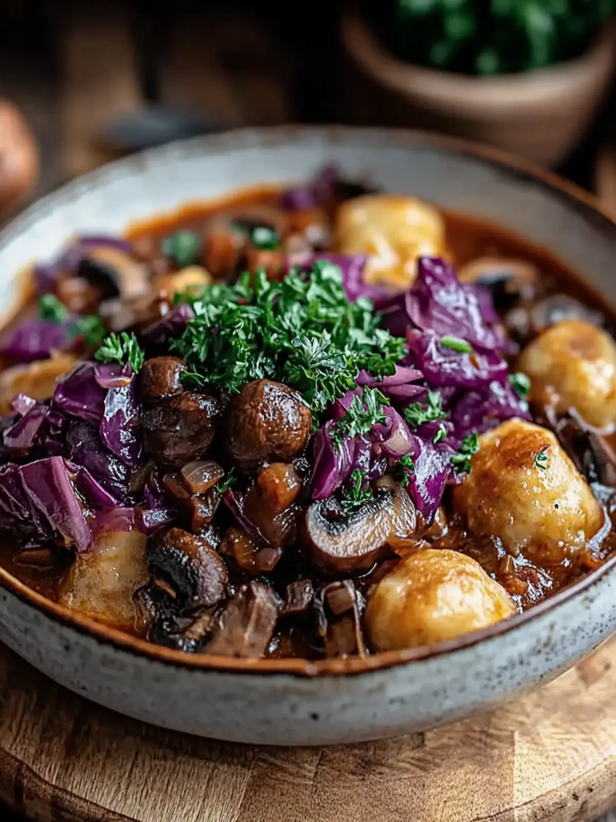 Savory Mushroom-Chestnut Ragout mit Ofenknödeln 4 Savory mushroom-chestnut ragout with oven dumplings and red cabbage