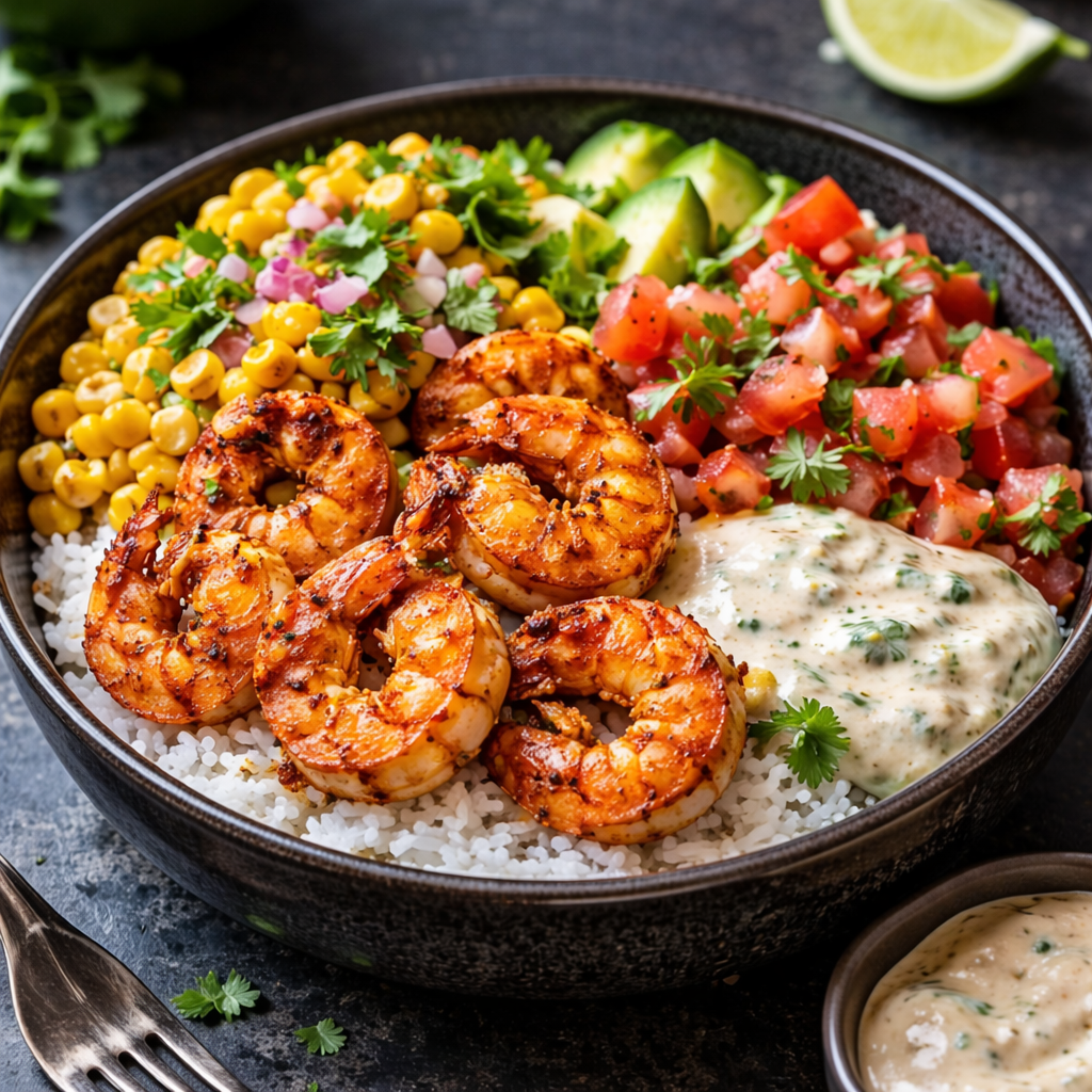Gegrillte Garnelen-Bowl mit Avocado-Mais-Salsa für ein Festmahl 2 Gegrillte Garnelen-Bowl mit Avocado-Mais-Salsa für ein Festmahl