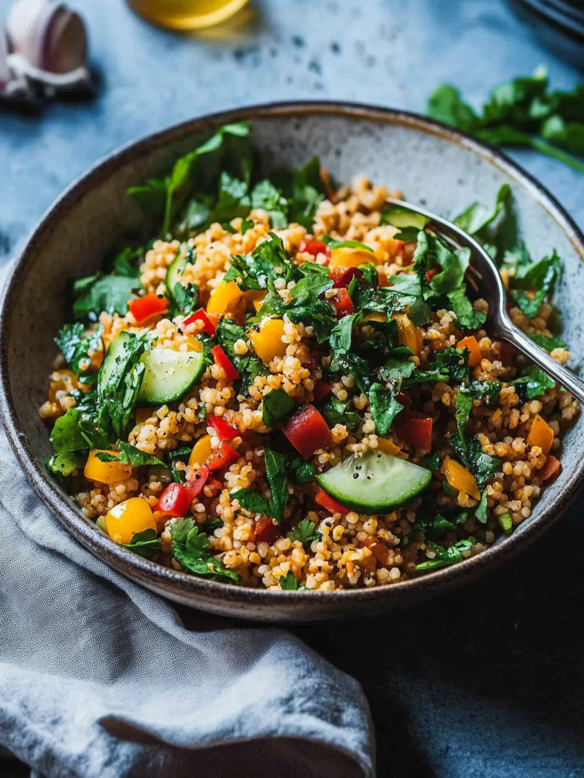 Ayurvedischer Bulgur-Salat mit Kichererbsen für Wohlfühlmomente 3 Ayurvedischer Bulgur-Salat mit Kräutern, Paprika und Kichererbsen