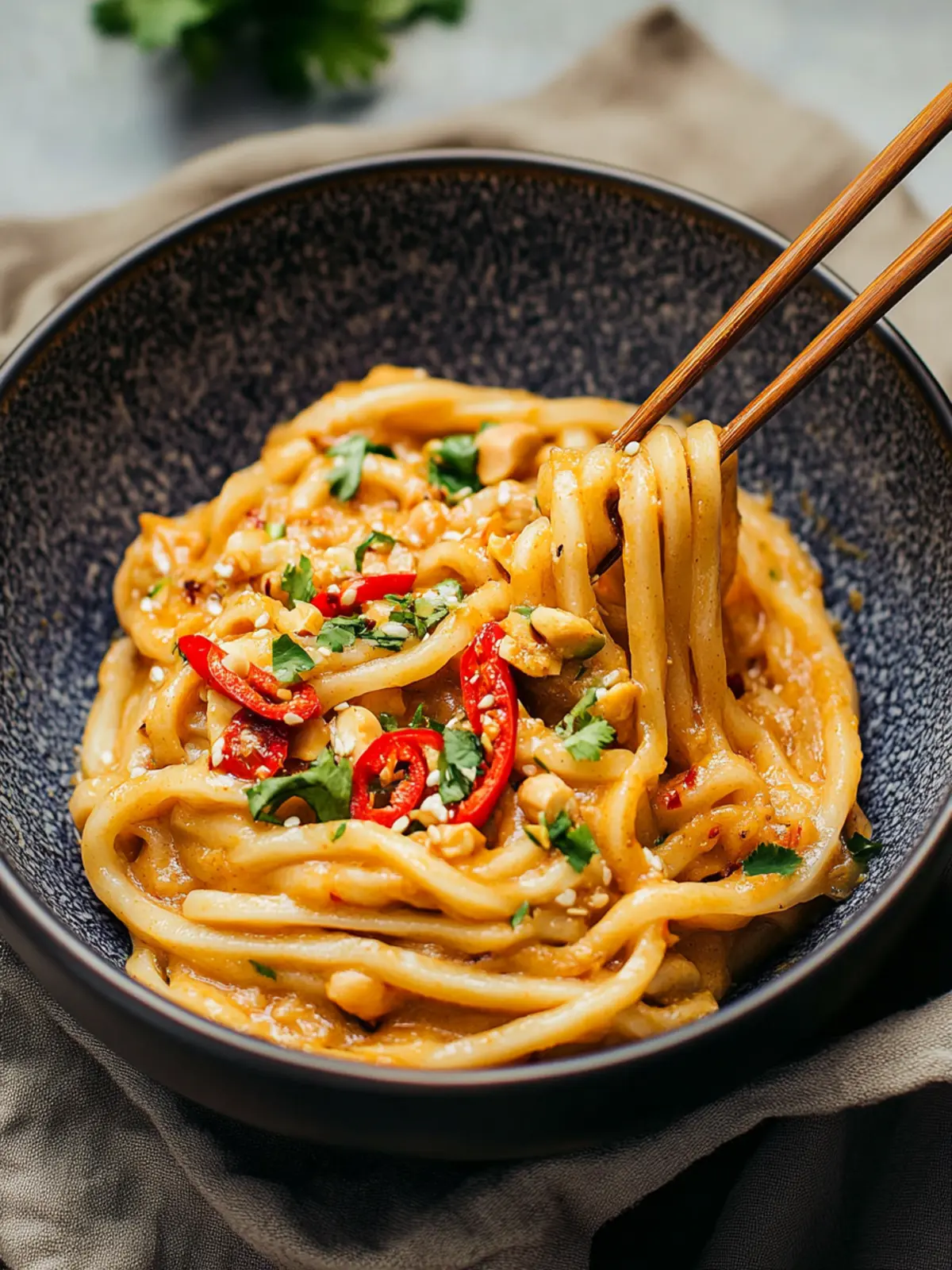 Udon-Nudelpfanne mit Erdnusssauce: Schnelles Chili-Wunder 4 Udon-Nudelpfanne mit Erdnusssauce und Chili