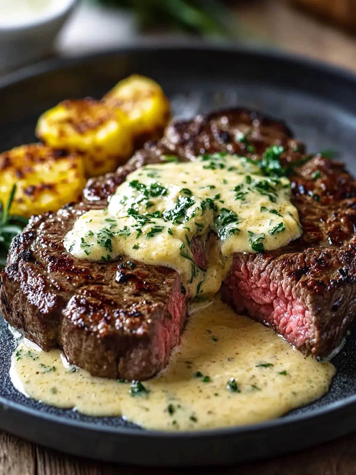 Meisterhaftes Knoblauchbutter-Steak mit Parmesan-Cremesauce genießen 4 Meisterhaftes Knoblauchbutter-Steak mit Parmesan-Cremesauce