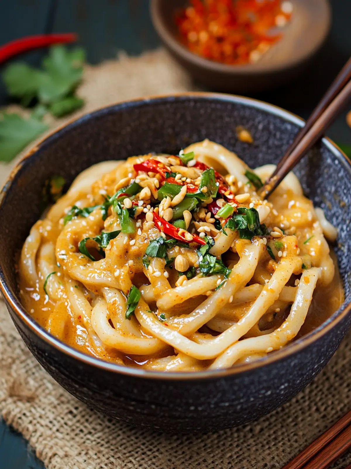 Udon-Nudelpfanne mit Erdnusssauce: Schnelles Chili-Wunder 2 Udon-Nudelpfanne mit Erdnusssauce und Chili
