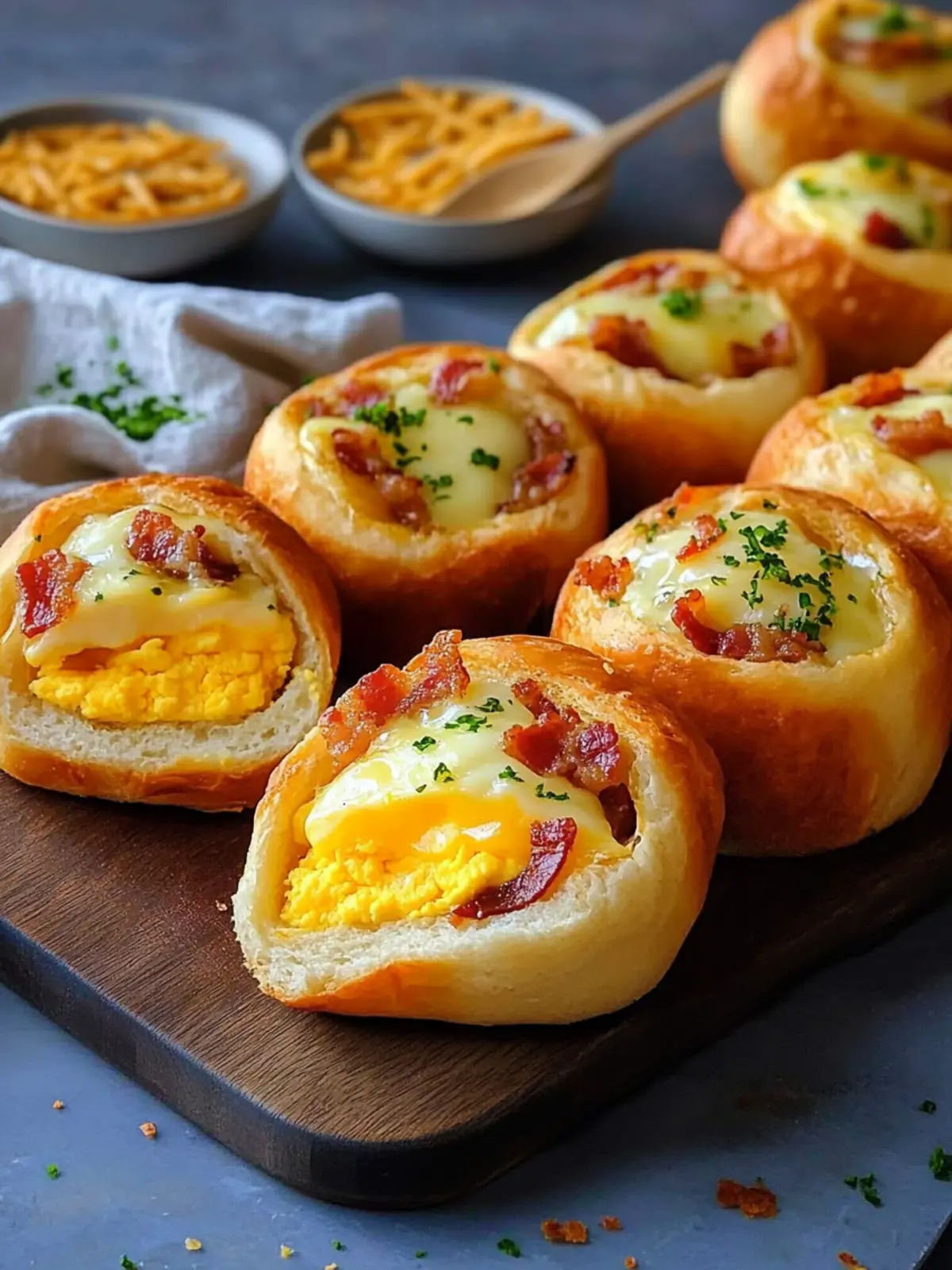 Filled breakfast rolls with egg, bacon, and cheese