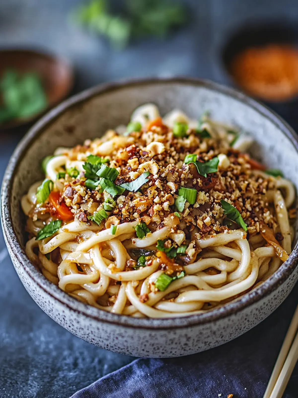 Vegane Udon-Nudeln mit Erdnusssauce und Gemüse für jeden Tag 2 Udon-Nudeln mit Erdnusssauce und Gemüse