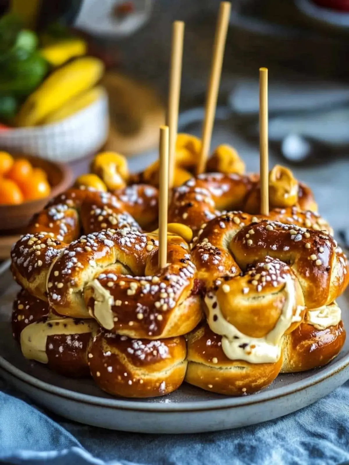 Brezel-Käse-Spieße mit süßem Senf – Der perfekte Snack für Feste 3 Brezel-Käse-Spieße mit süßem Senf