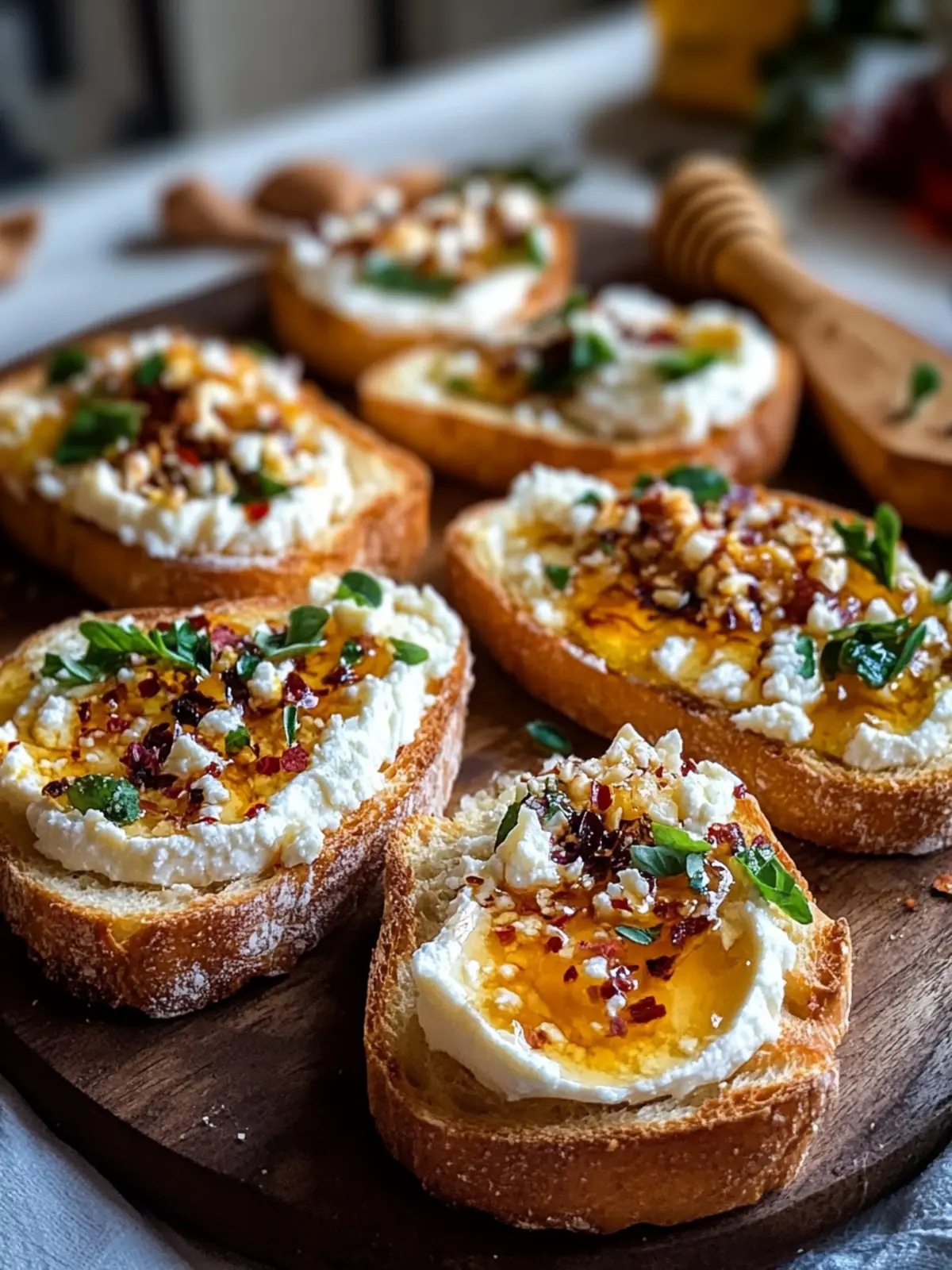 Süß-scharfe Feta-Crostini mit scharfem Honig für Gaumenfreuden 4 süß-scharfe Feta-Crostini mit scharzem Honig