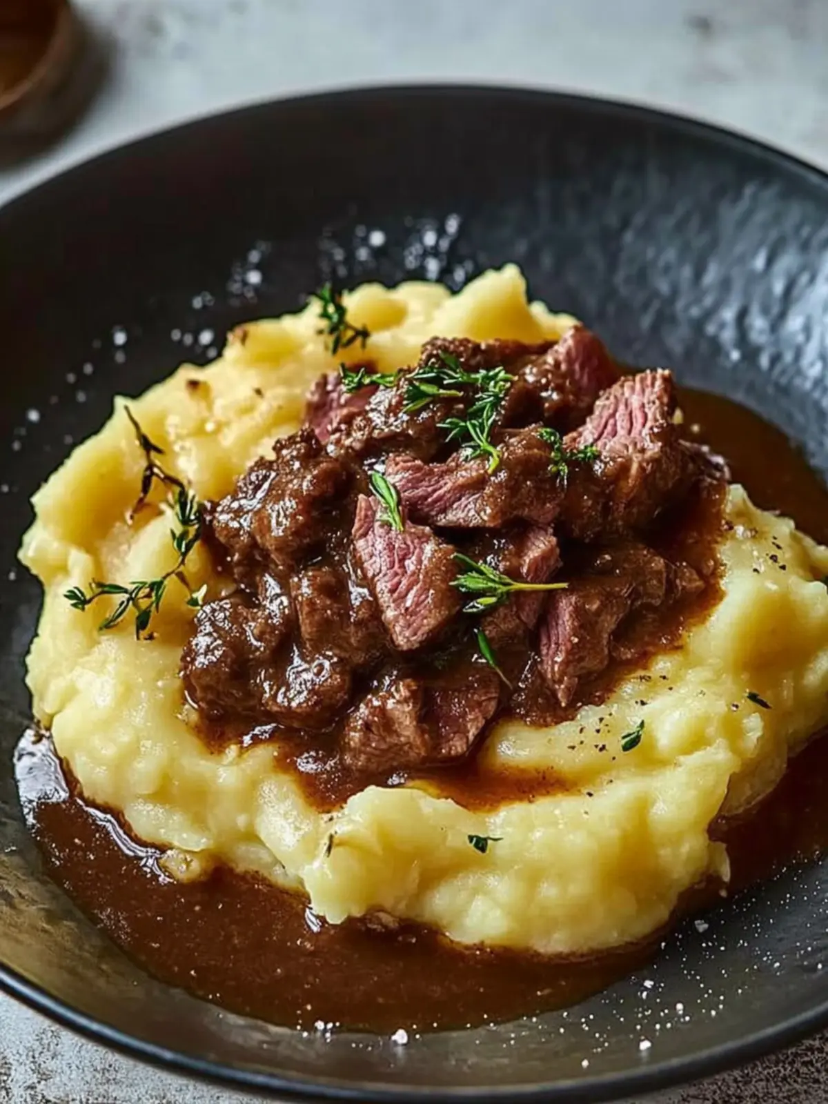 Hackfleisch mit Bratensauce auf cremigem Kartoffelpüree genießen 2 Hackfleisch mit Bratensauce auf cremigem Kartoffelpüree
