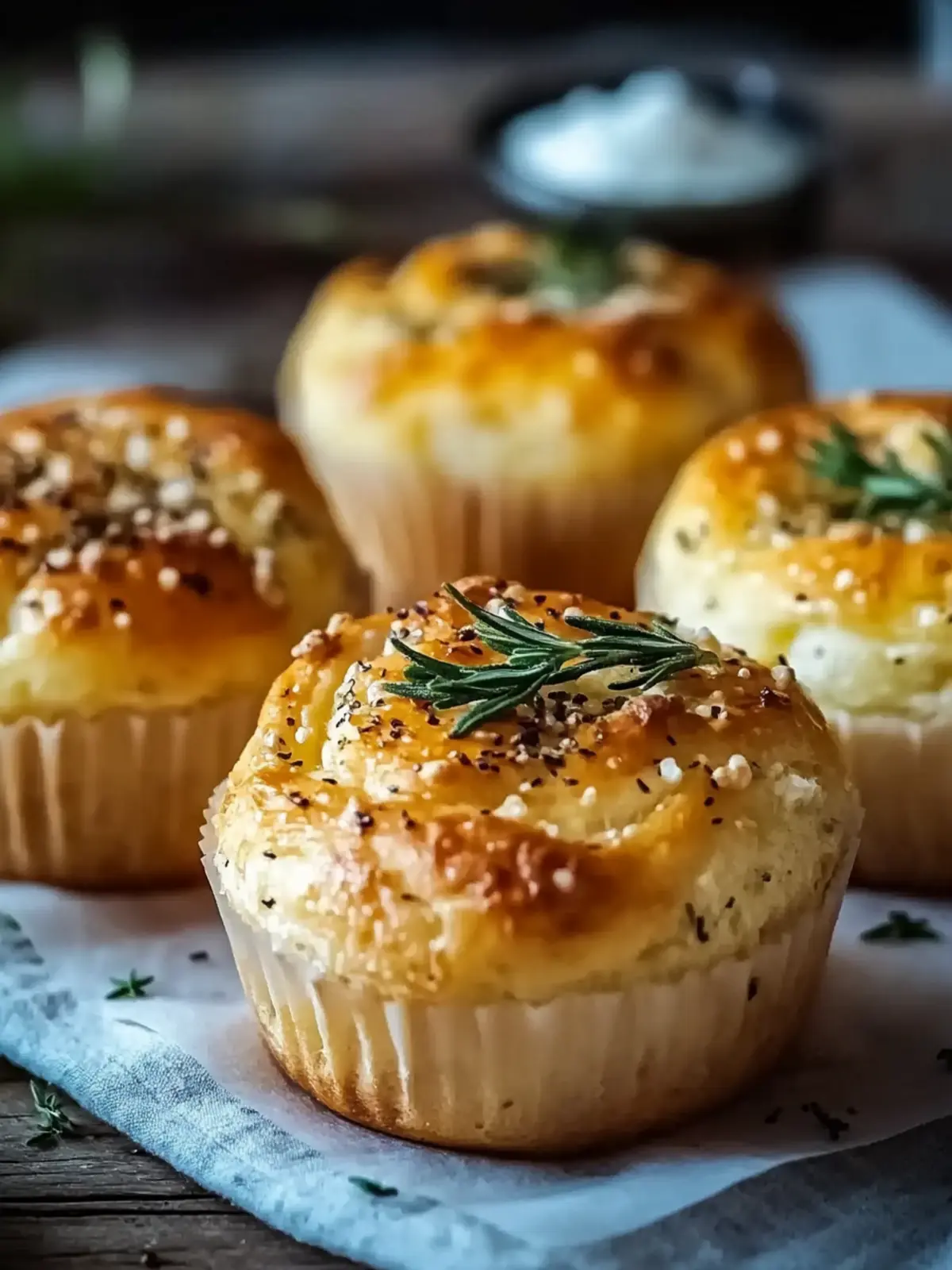 Focaccia-Muffins mit goldbrauner Kruste, Knoblauch und Rosmarin genießen 3 Focaccia-Muffins mit goldbrauner Kruste, Knoblauch und Rosmarin