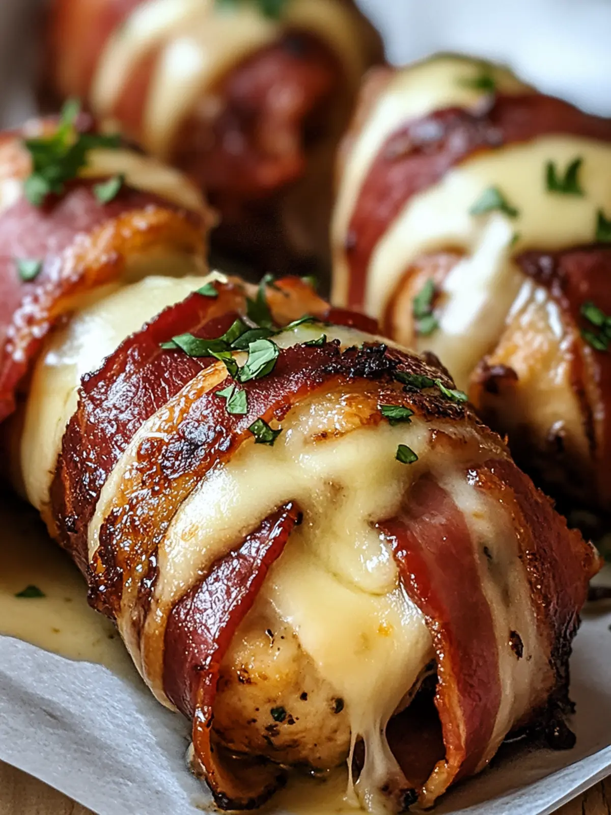 Saftige Hähnchenfilets im Baconmantel mit Käsefüllung 2 Chicken fillet in bacon coat with cheese filling