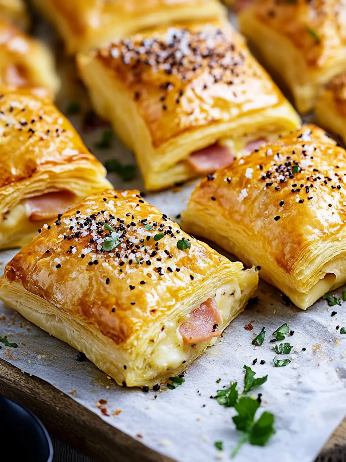 Köstliche Puff-Paste-Taschen mit Raclette und Schinken 4 Puff pastry pillows with Raclette cheese and ham