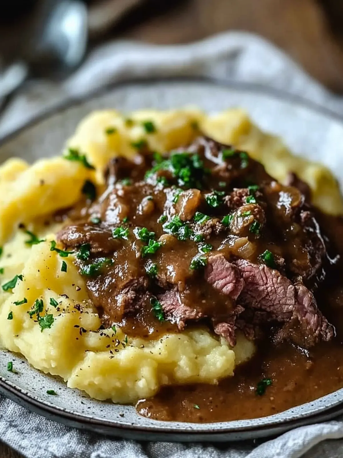 Hackfleisch mit Bratensauce auf cremigem Kartoffelpüree genießen 5 Hackfleisch mit Bratensauce auf cremigem Kartoffelpüree
