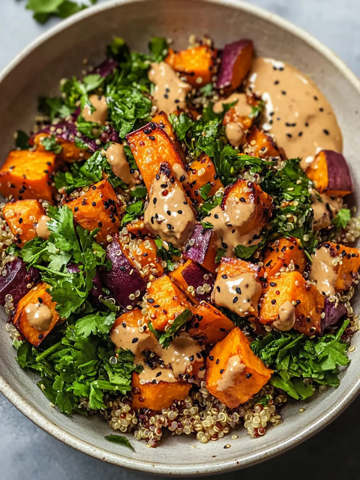 Gerösteter Süßkartoffel-Quinoa-Salat mit Miso-Sauce erleben 3 Roasted Sweet Potato Quinoa Salad with Sesame Miso Sauce