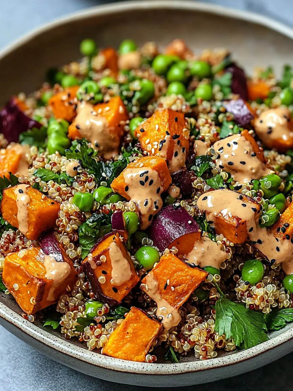 Roasted Sweet Potato Quinoa Salad with Sesame Miso Sauce