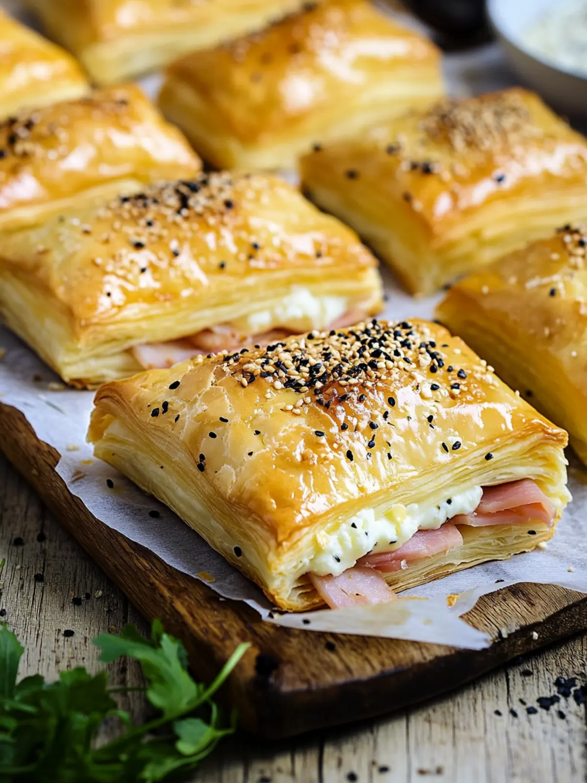 Köstliche Puff-Paste-Taschen mit Raclette und Schinken 3 Puff pastry pillows with Raclette cheese and ham