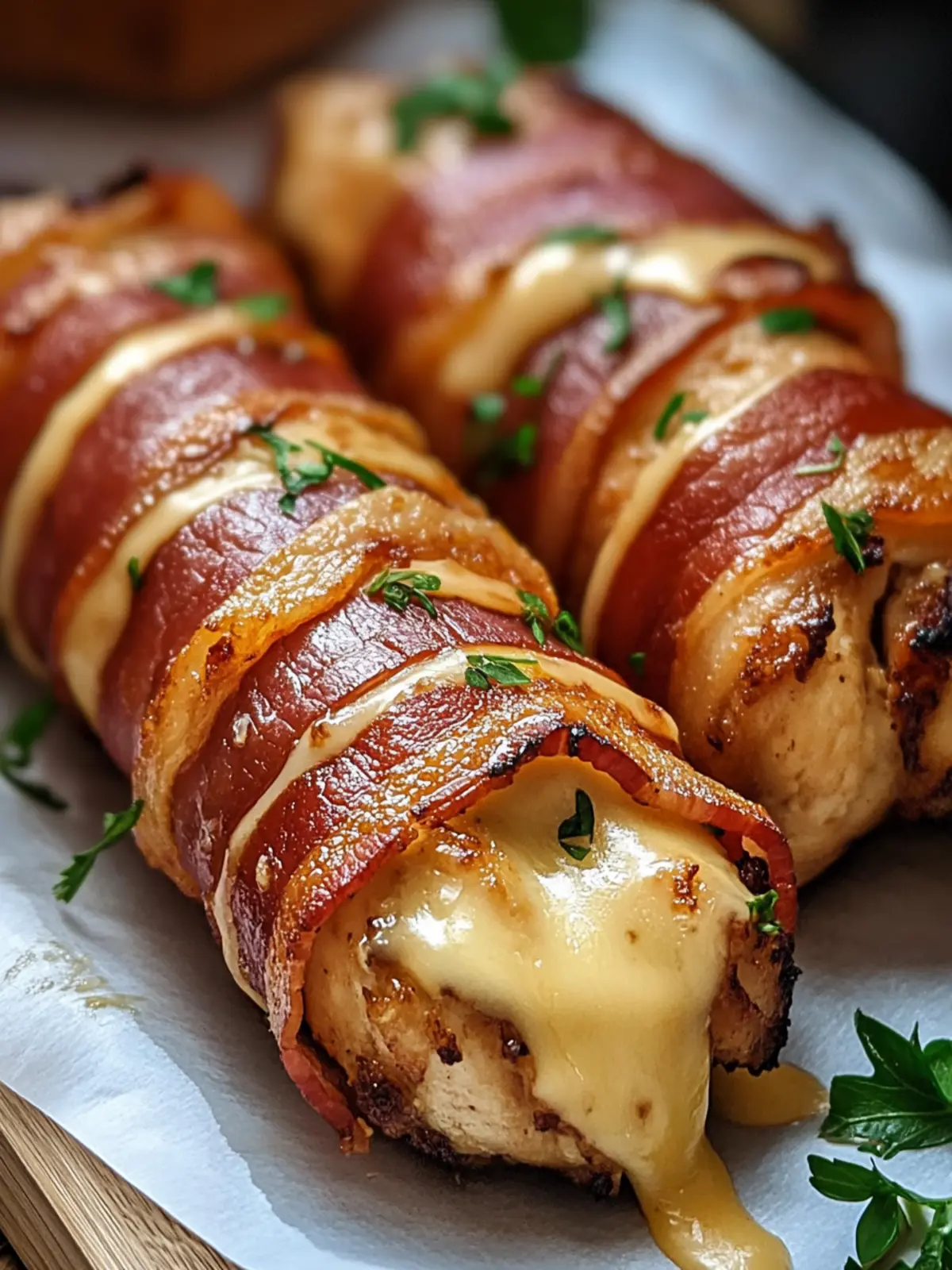 Saftige Hähnchenfilets im Baconmantel mit Käsefüllung 4 Chicken fillet in bacon coat with cheese filling