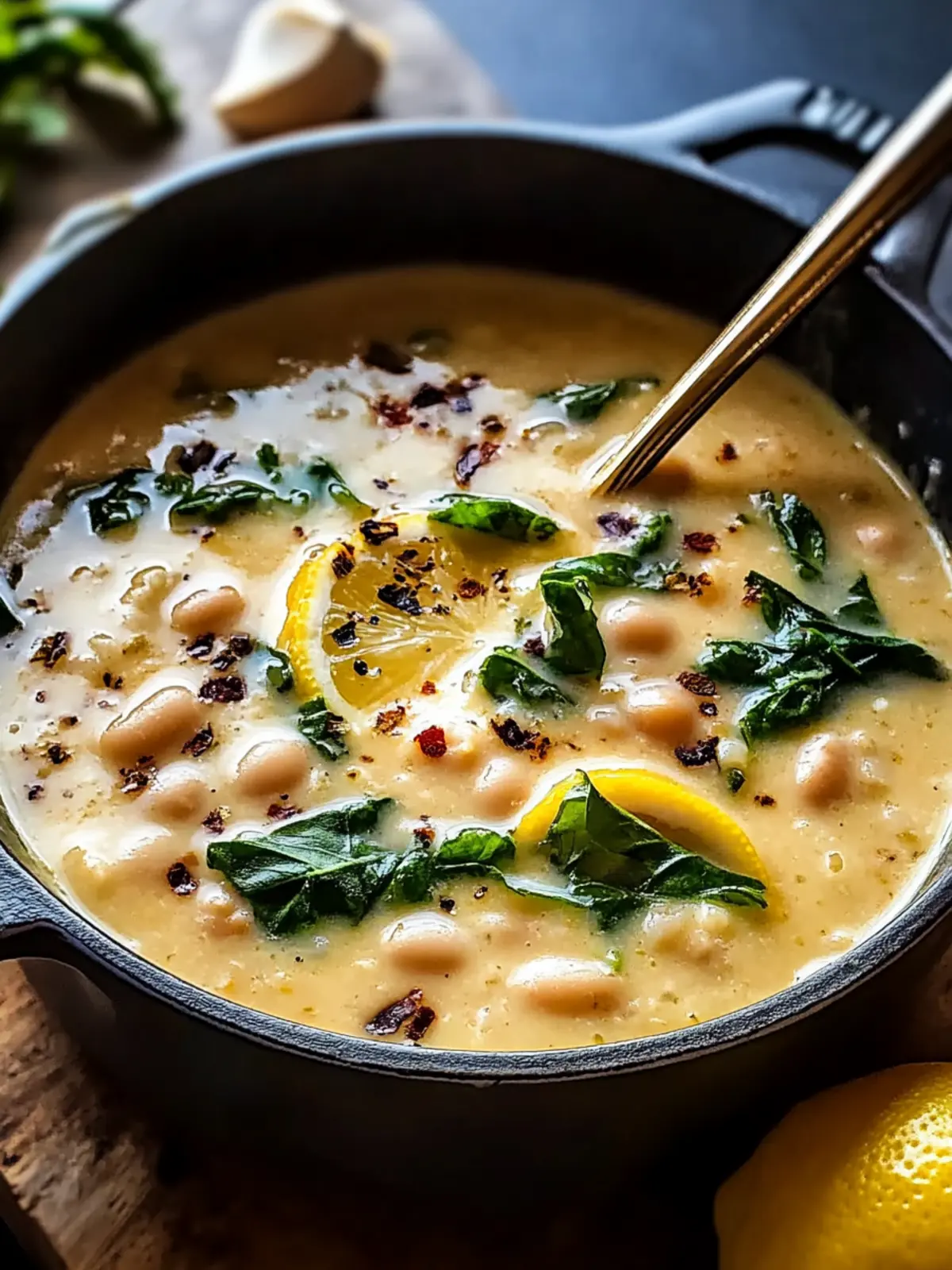 Cremige toskanische weiße Bohnensuppe mit Zitrone für Wärme 4 Creamy Tuscan white bean soup with lemon