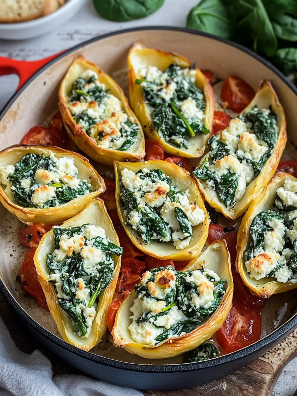 Verführerische Käse-Spinat-Ricotta Muschelnudeln frisch gebacken 3 Cheese-Spinach-Ricotta stuffed shell