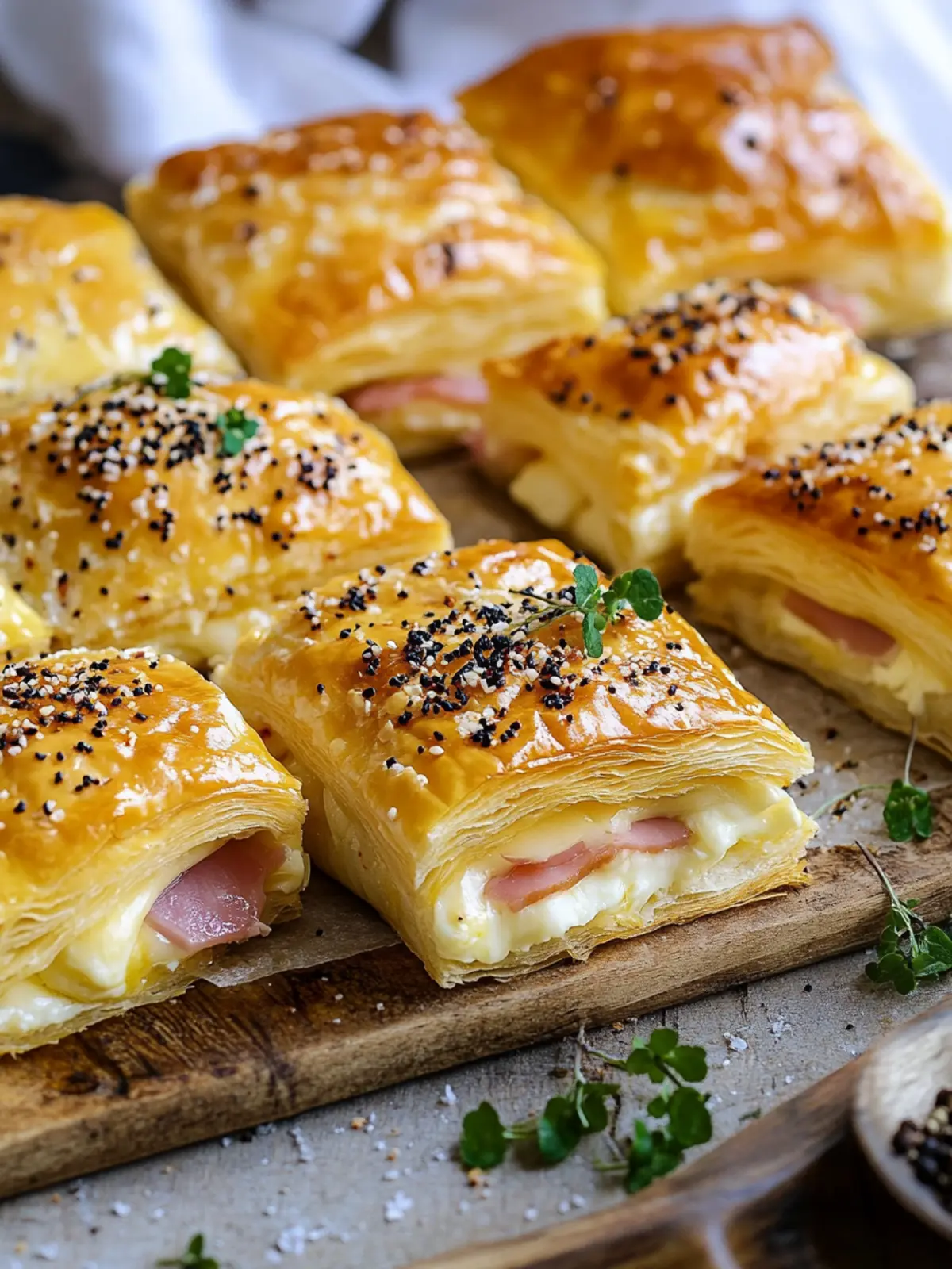 Köstliche Puff-Paste-Taschen mit Raclette und Schinken 5 Puff pastry pillows with Raclette cheese and ham