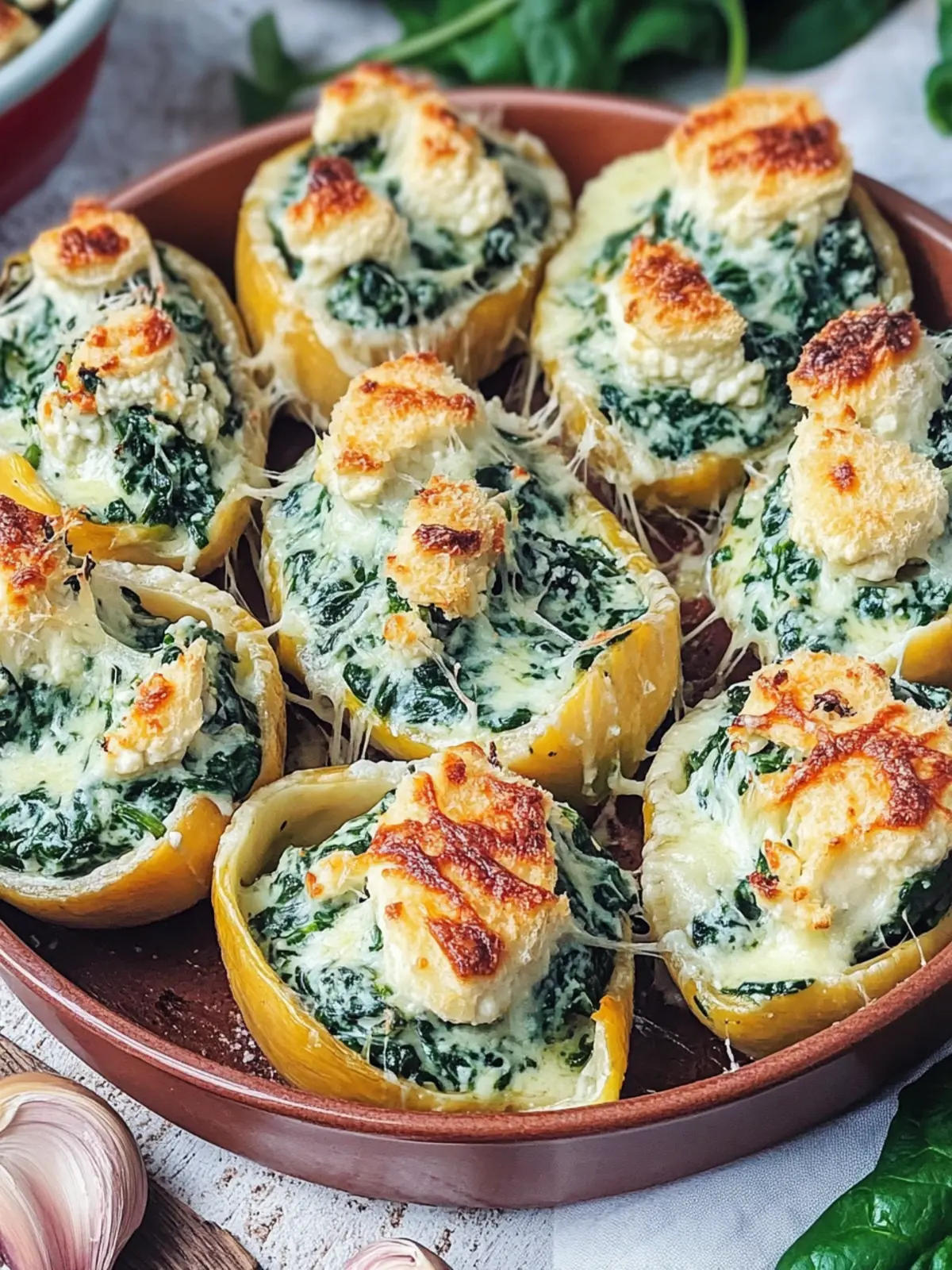 Verführerische Käse-Spinat-Ricotta Muschelnudeln frisch gebacken 4 Cheese-Spinach-Ricotta stuffed shell