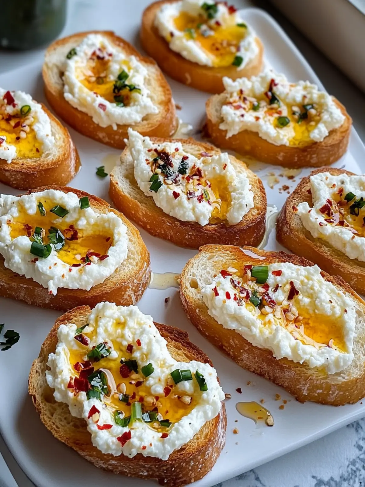 Süß-scharfe Feta-Crostini mit scharfem Honig für Gaumenfreuden 2 süß-scharfe Feta-Crostini mit scharzem Honig
