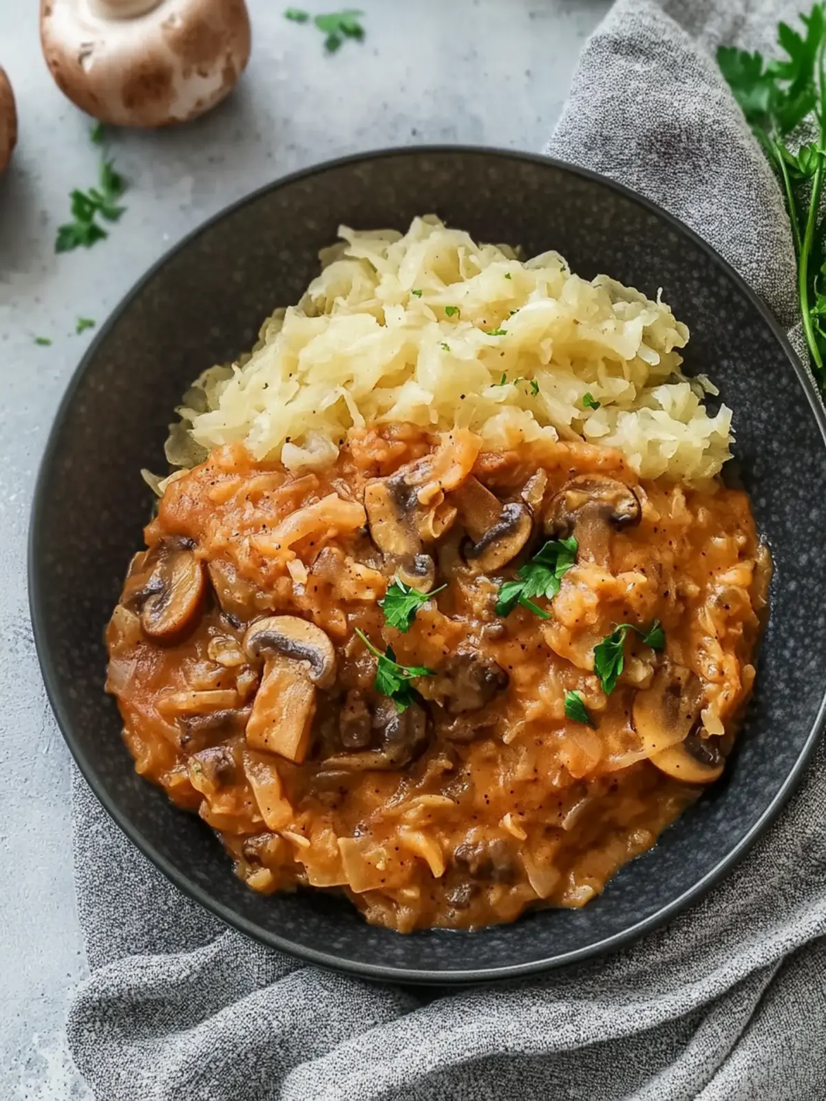 Herzhafte Sauerkrautpfanne mit veganem Hack und Champignons 2 Sauerkrautpfanne mit veganem Hack und Champignons