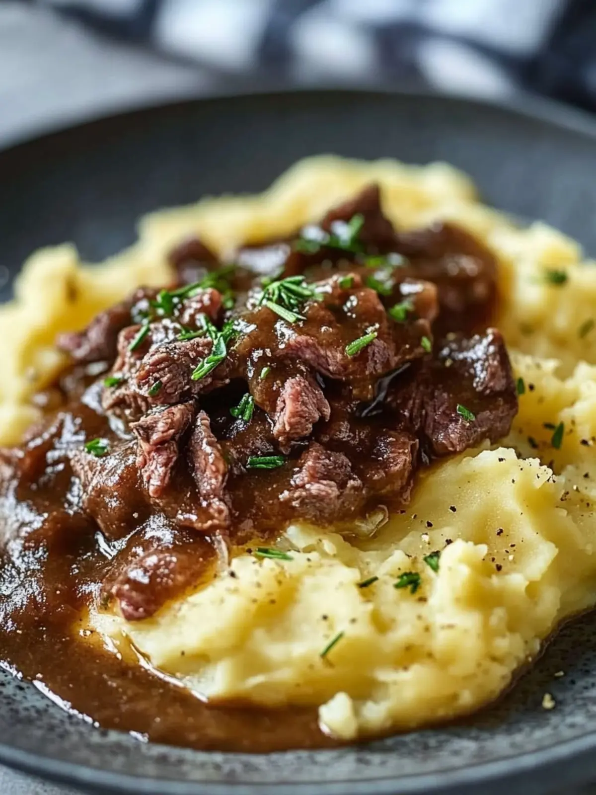 Hackfleisch mit Bratensauce auf cremigem Kartoffelpüree genießen 4 Hackfleisch mit Bratensauce auf cremigem Kartoffelpüree