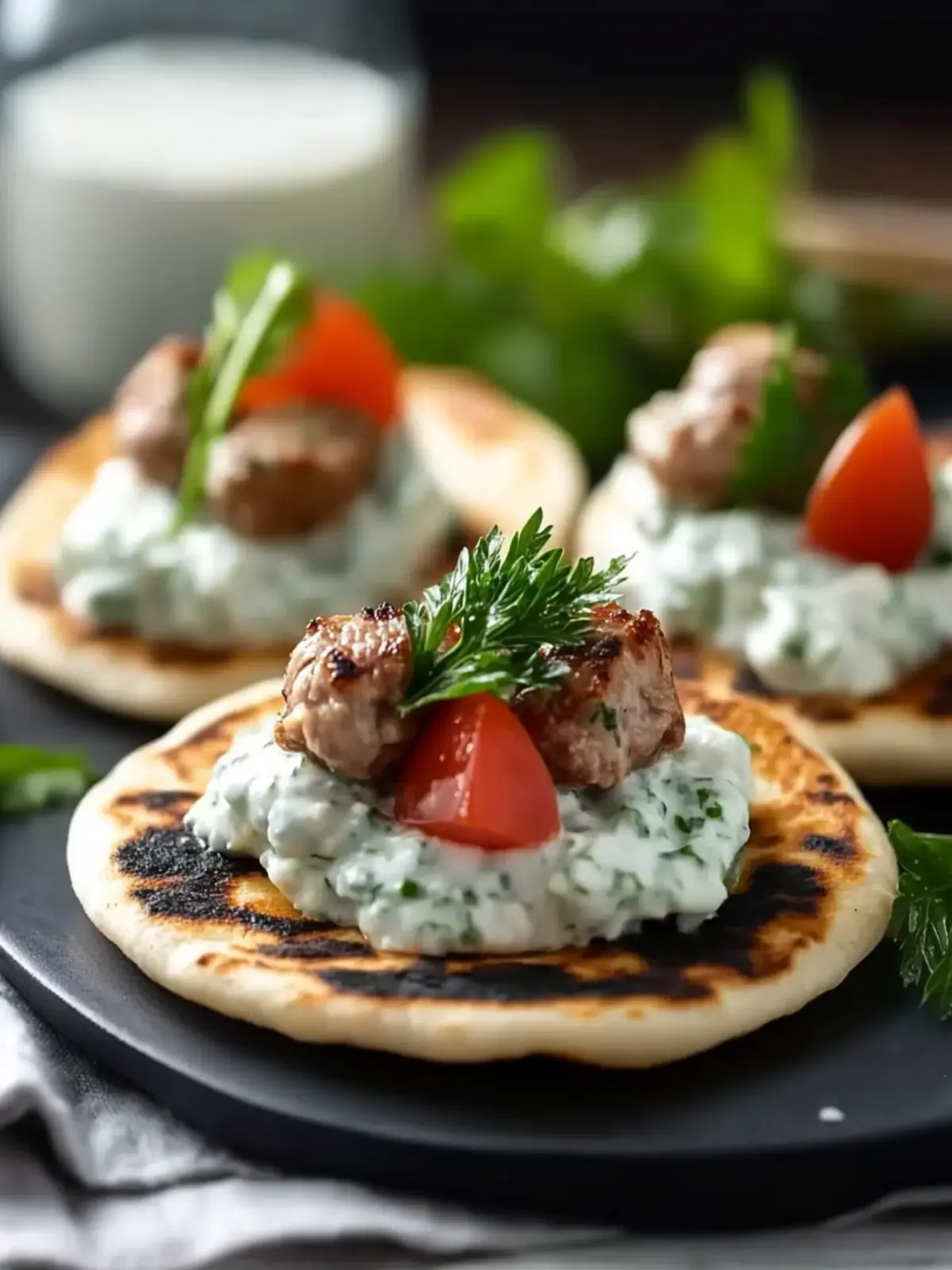 Mini griechische Fleischbällchen mit Tzatziki auf Pita genießen 2 Mini griechische Fleischbällchen mit Tzatziki auf Pita