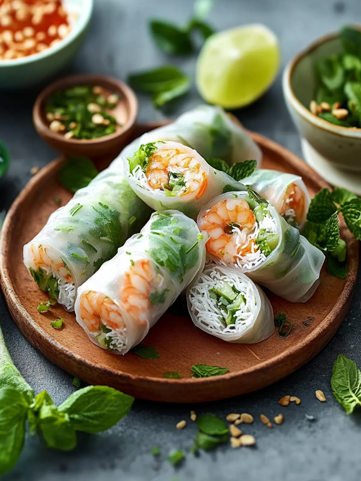 Frische Vietnamesische Sommerrollen mit Garnelen oder Fleisch 3 Vietnamesische Sommerrollen