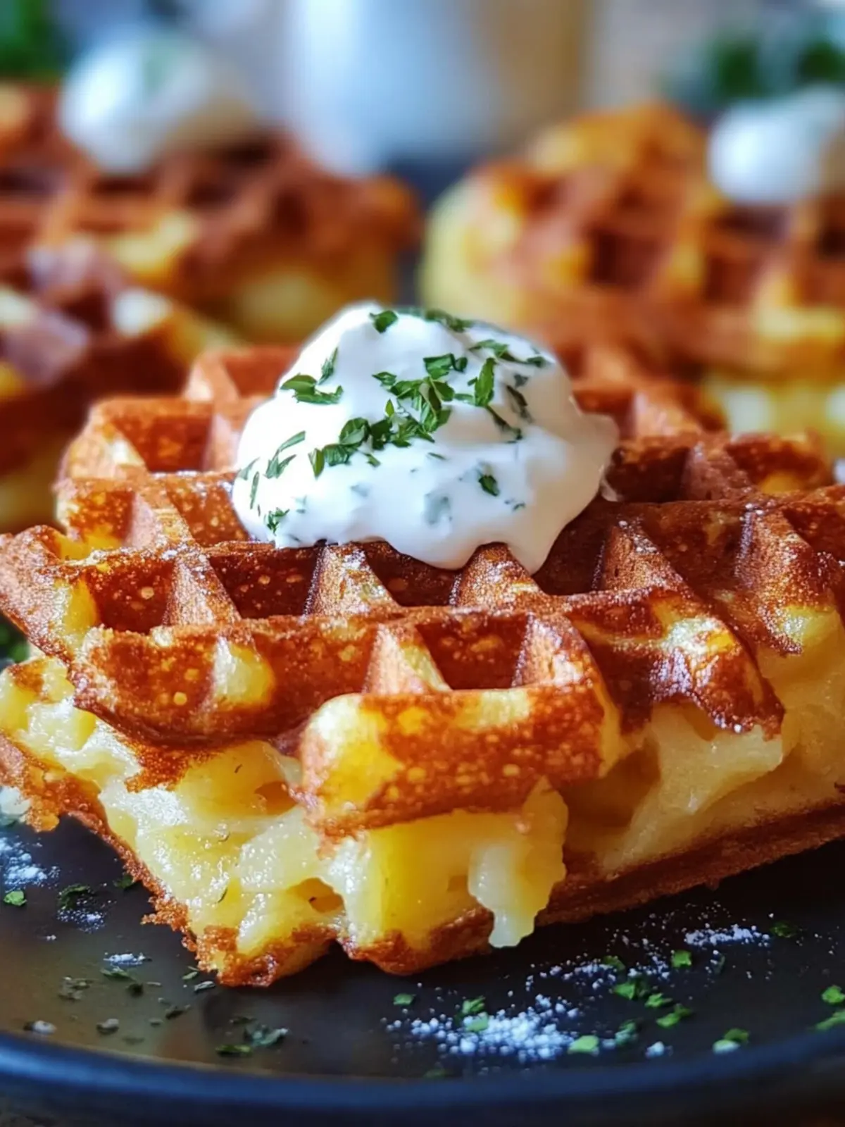 Knusprige Kartoffel-Käse-Waffeln mit Sour Cream Genuss 2 Crispy potato cheese waffles with sour cream