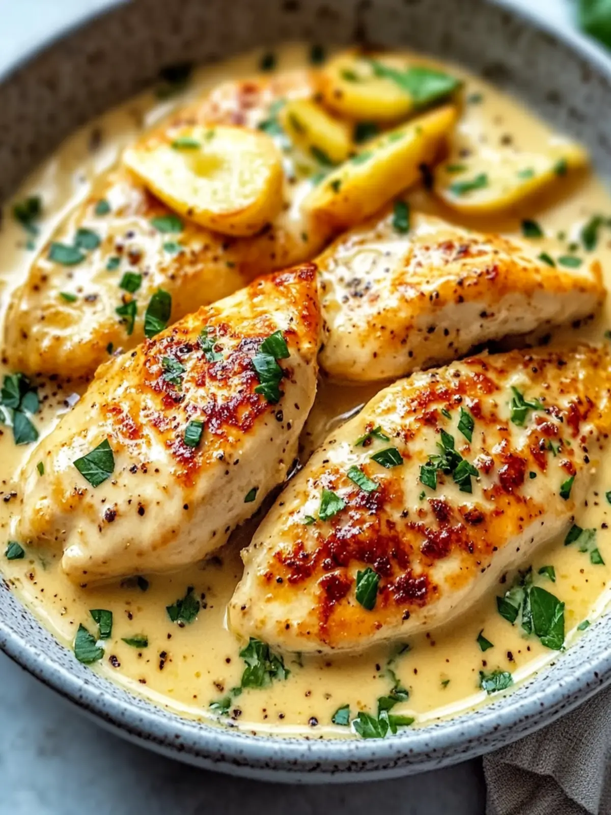 Hähnchenfilet in würziger, cremiger Knoblauch-Parmesan-Sauce 2 Chicken fillet in spicy, creamy garlic-parmesan sauce