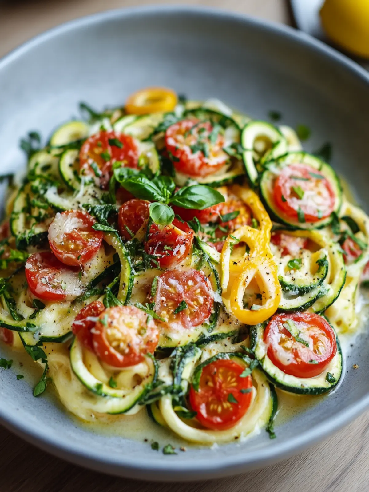 Zucchininudeln mit cremigem Frischkäse und Kirschtomaten: Lecker leicht! 5 Zucchininudeln mit cremigem Frischkäse und sonnengereiften Tomaten