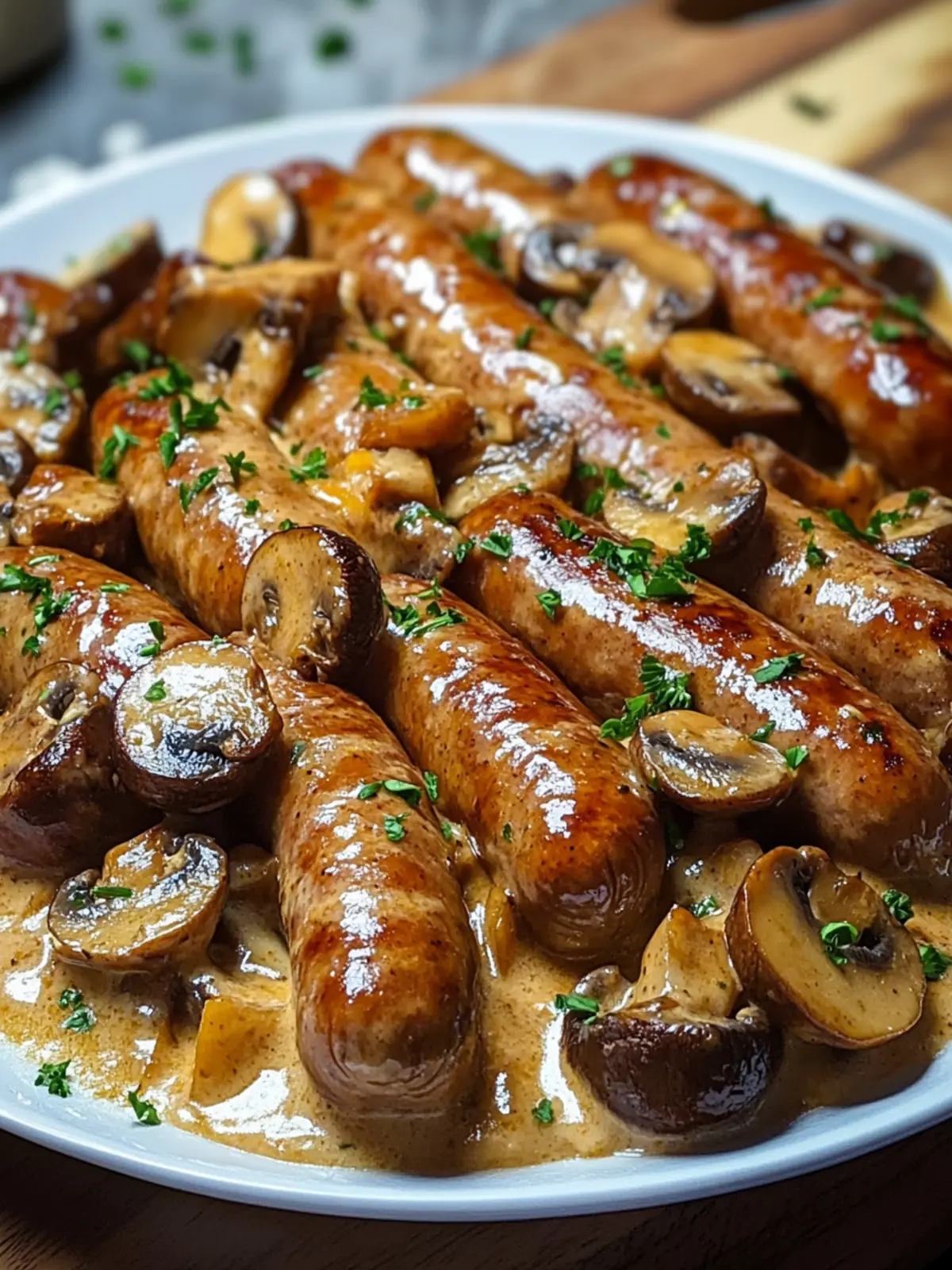 Cremiges Bratwurstgeschnetzeltes mit Pilzen für jeden Tag 2 Creamy bratwurst stir-fry with mushrooms