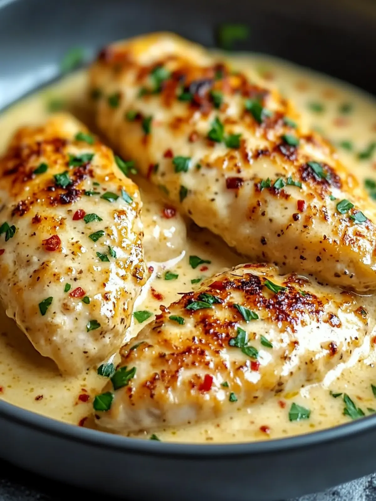 Hähnchenfilet in würziger, cremiger Knoblauch-Parmesan-Sauce 4 Chicken fillet in spicy, creamy garlic-parmesan sauce