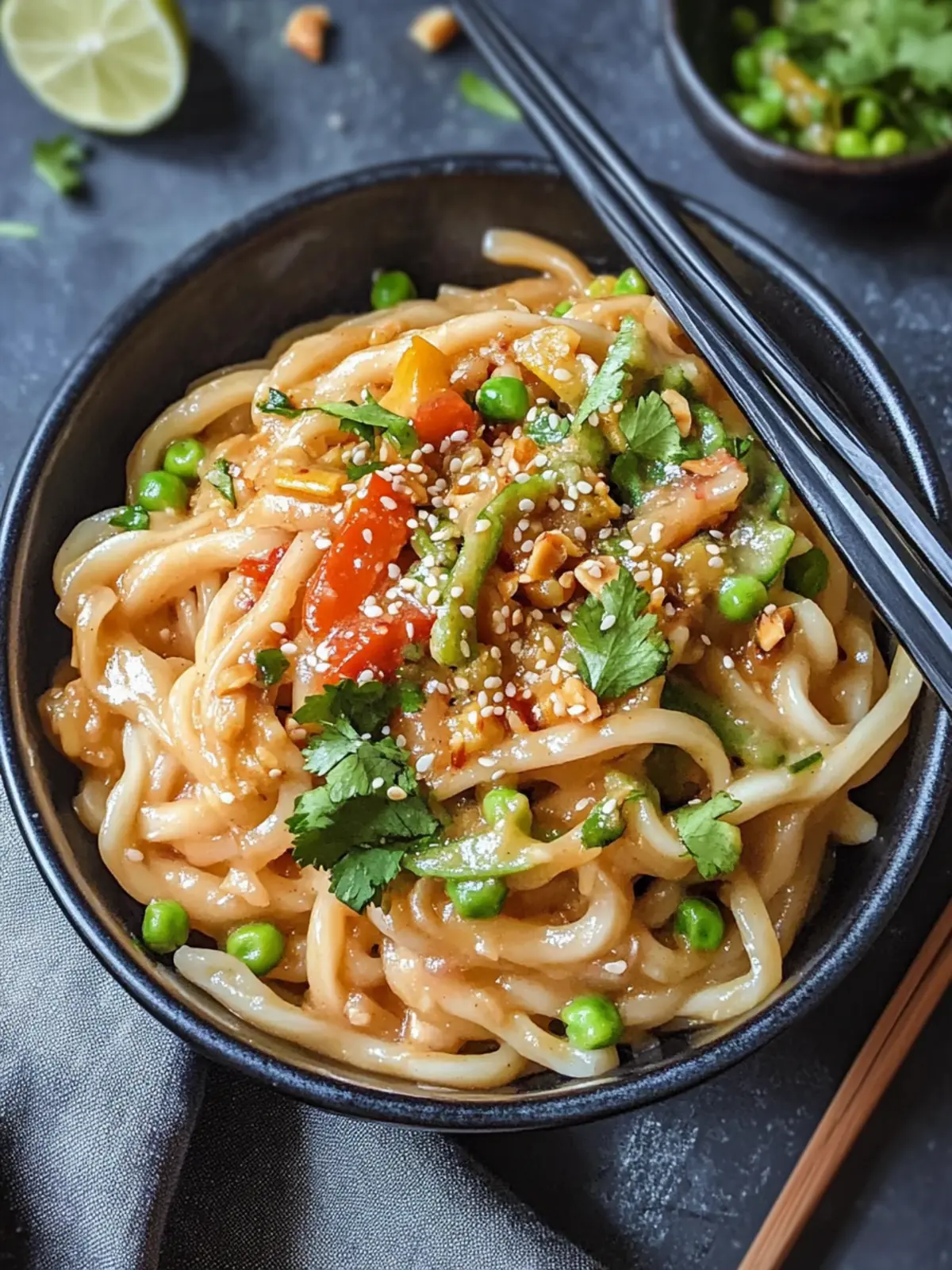 Udon Nudeln mit Erdnusssauce und buntem Gemüse genießen 2 Udon Nudeln mit Erdnusssauce und Gemüse