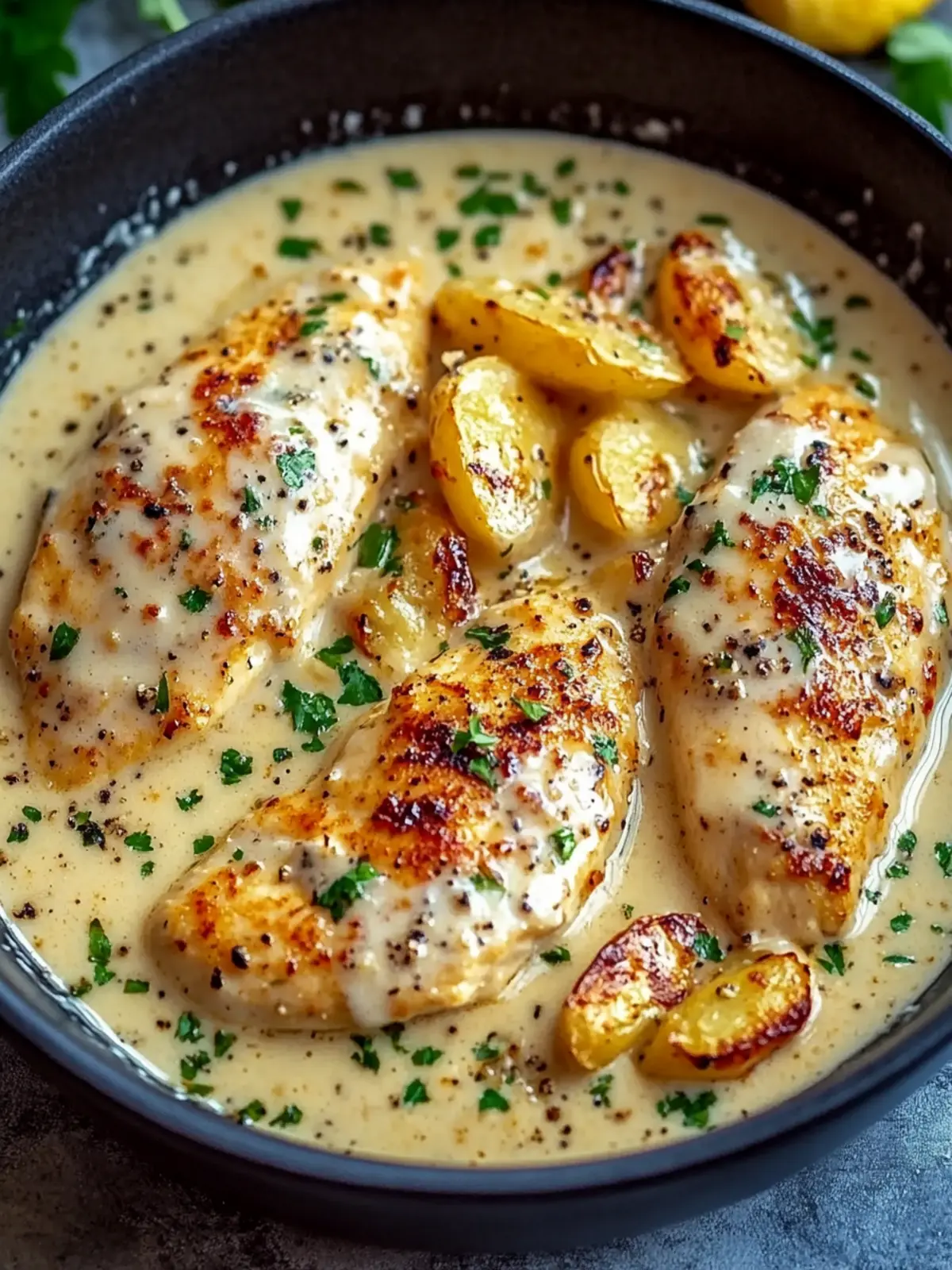 Hähnchenfilet in würziger, cremiger Knoblauch-Parmesan-Sauce 3 Chicken fillet in spicy, creamy garlic-parmesan sauce