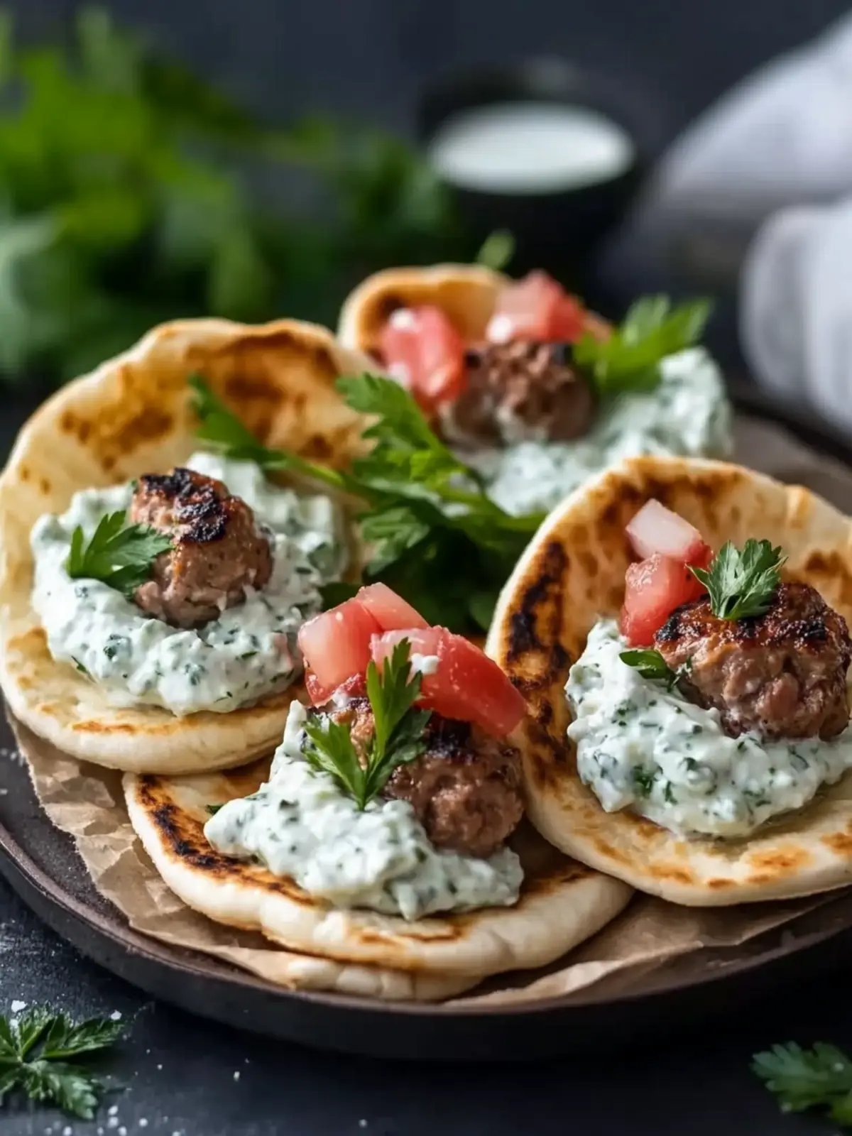 Mini griechische Fleischbällchen mit Tzatziki auf Pita genießen 5 Mini griechische Fleischbällchen mit Tzatziki auf Pita