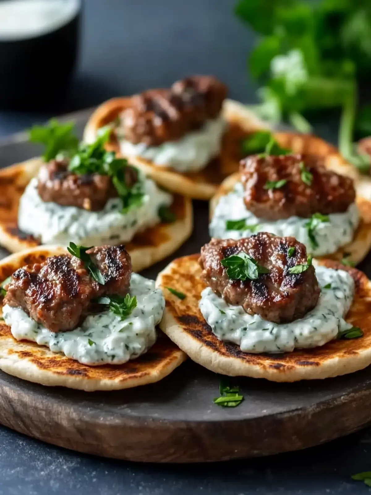 Mini griechische Fleischbällchen mit Tzatziki auf Pita genießen 3 Mini griechische Fleischbällchen mit Tzatziki auf Pita