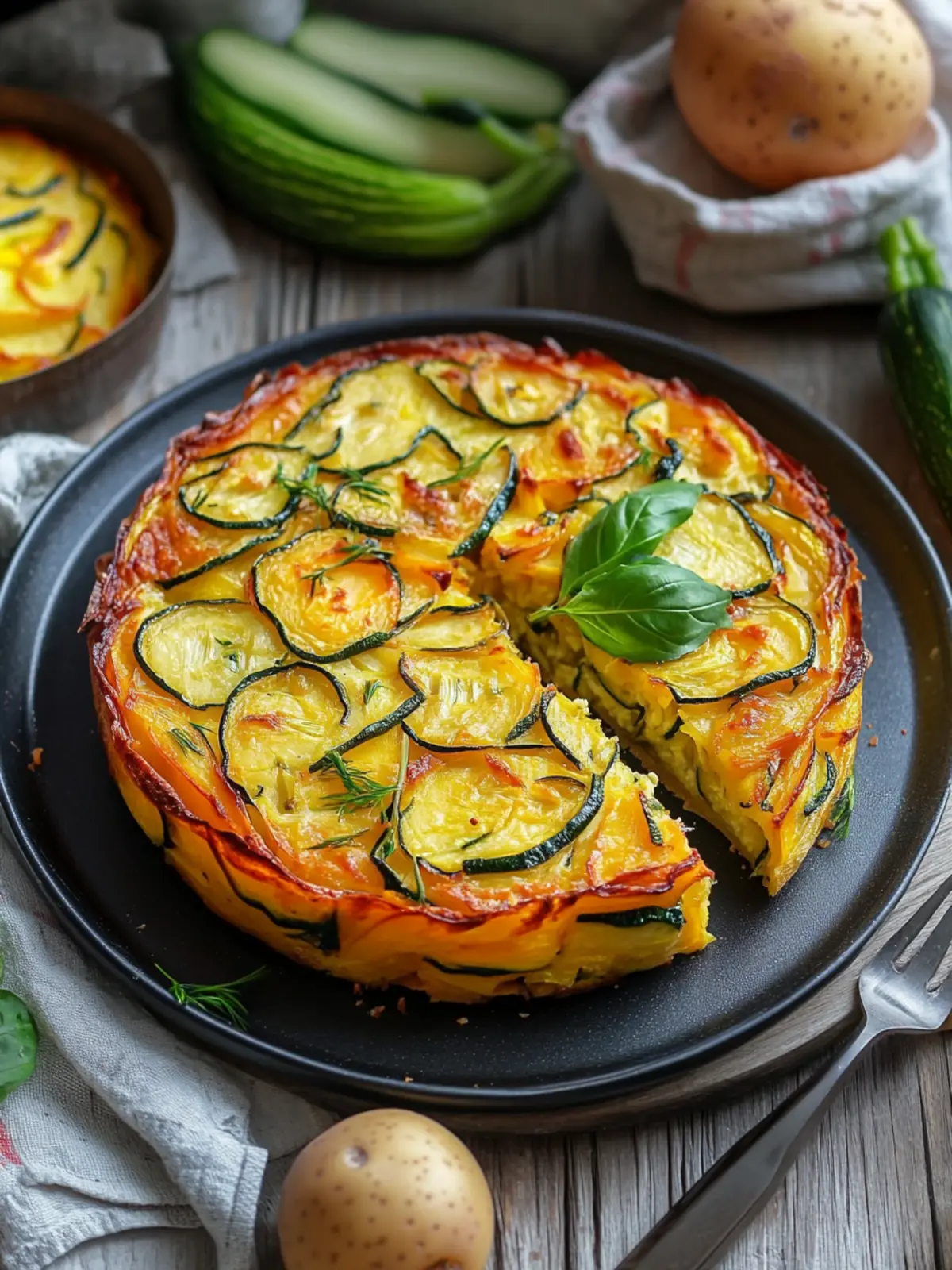Köstlicher vegetarischer Kartoffelauflauf mit Zucchini und Karotten 2 Vegetarian potato casserole with zucchini, carrots, and onions