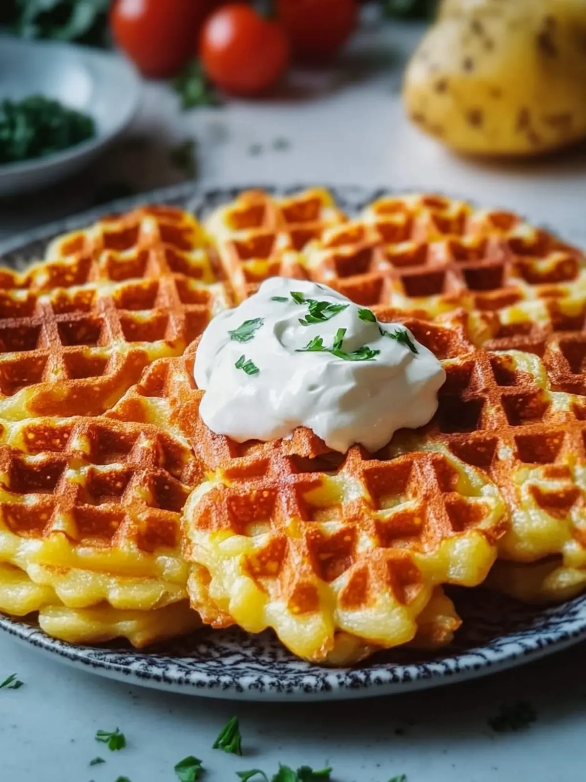 Knusprige Kartoffel-Käse-Waffeln mit Sour Cream Genuss 3 Crispy potato cheese waffles with sour cream