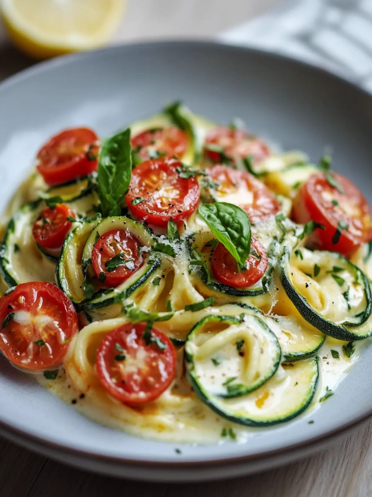 Zucchininudeln mit cremigem Frischkäse und Kirschtomaten: Lecker leicht! 2 Zucchininudeln mit cremigem Frischkäse und sonnengereiften Tomaten