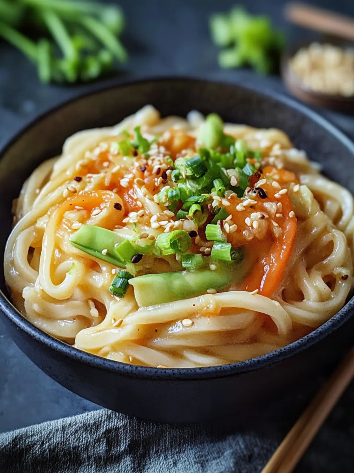 Udon Nudeln mit Erdnusssauce und Gemüse
