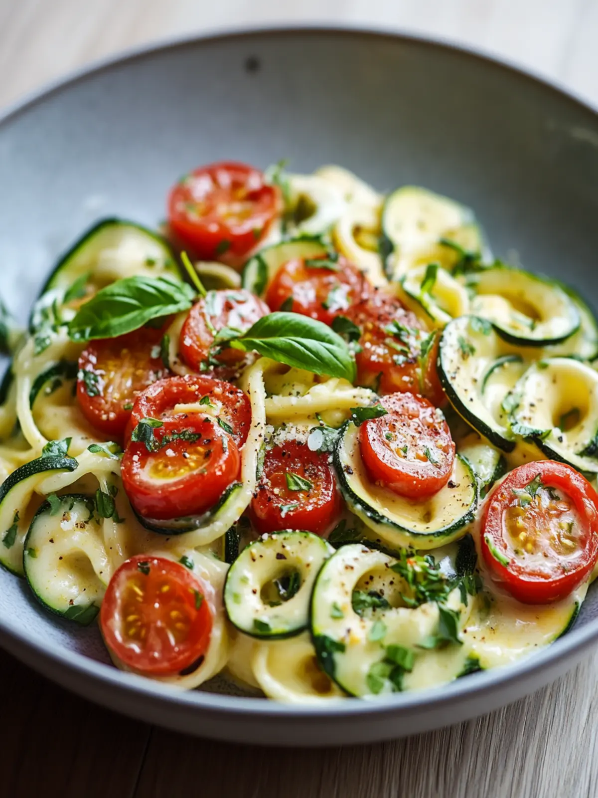 Zucchininudeln mit cremigem Frischkäse und Kirschtomaten: Lecker leicht! 4 Zucchininudeln mit cremigem Frischkäse und sonnengereiften Tomaten