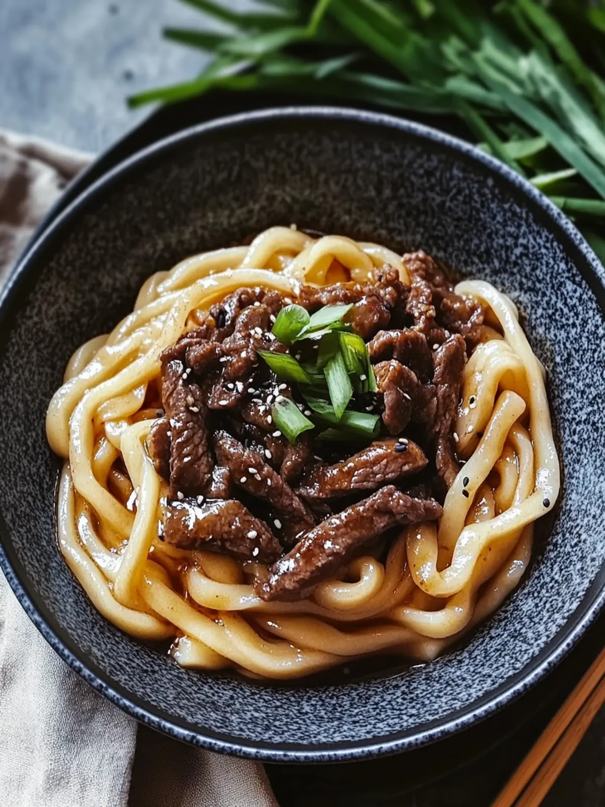 Rindfleisch-Udon mit schwarzem Pfeffer
