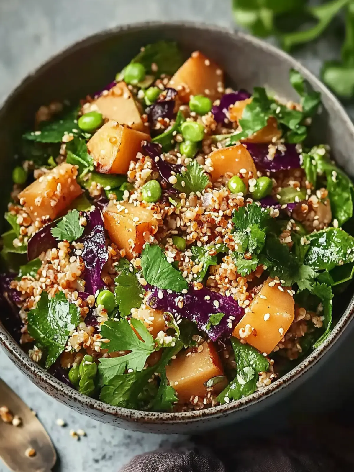 Gerösteter Süßkartoffel-Quinoa-Salat mit cremiger Miso-Sauce 3 Gerösteter Süßkartoffel-Quinoa-Salat mit Sesam-Miso-Sauce