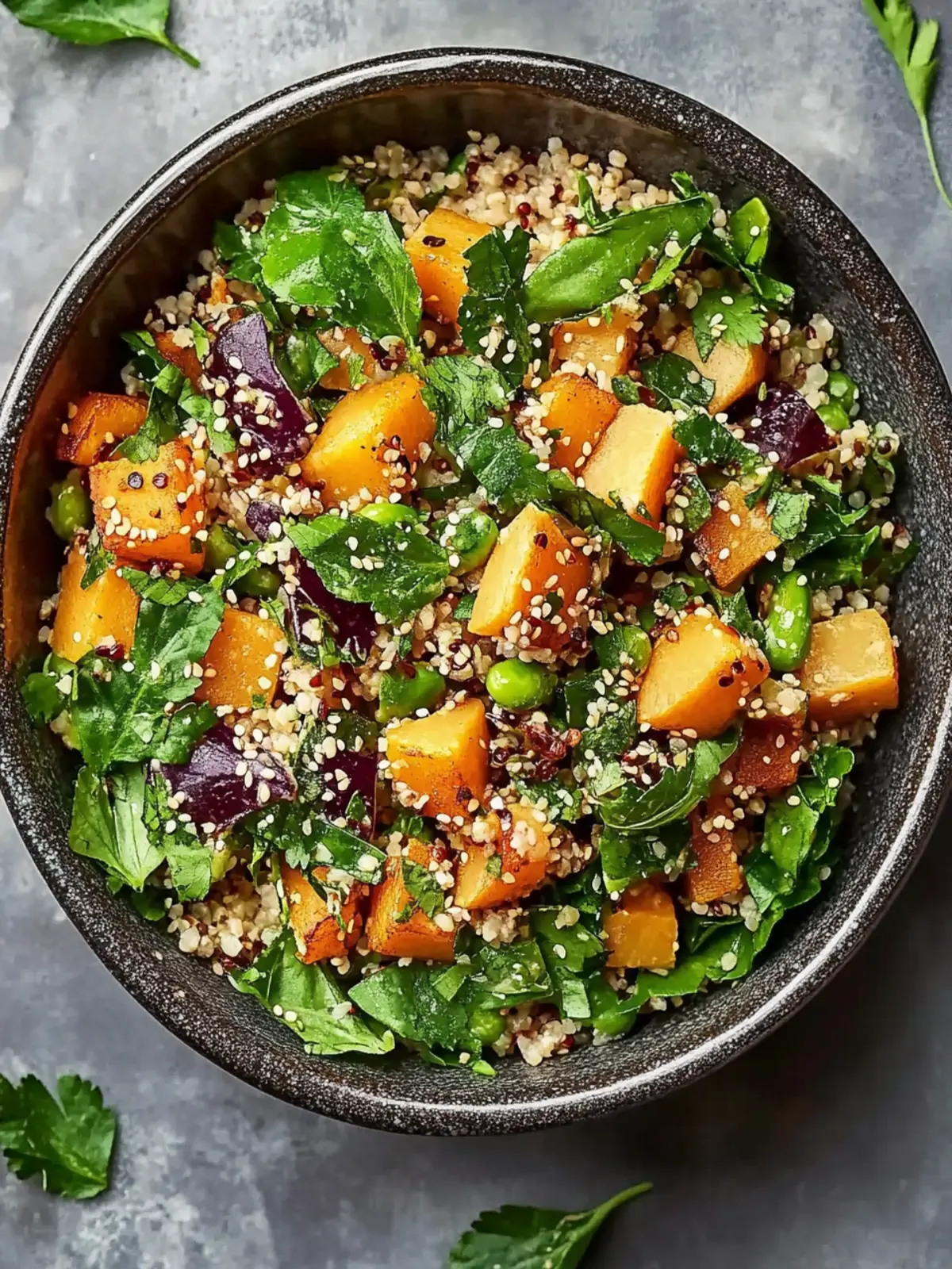 Gerösteter Süßkartoffel-Quinoa-Salat mit cremiger Miso-Sauce 2 Gerösteter Süßkartoffel-Quinoa-Salat mit Sesam-Miso-Sauce