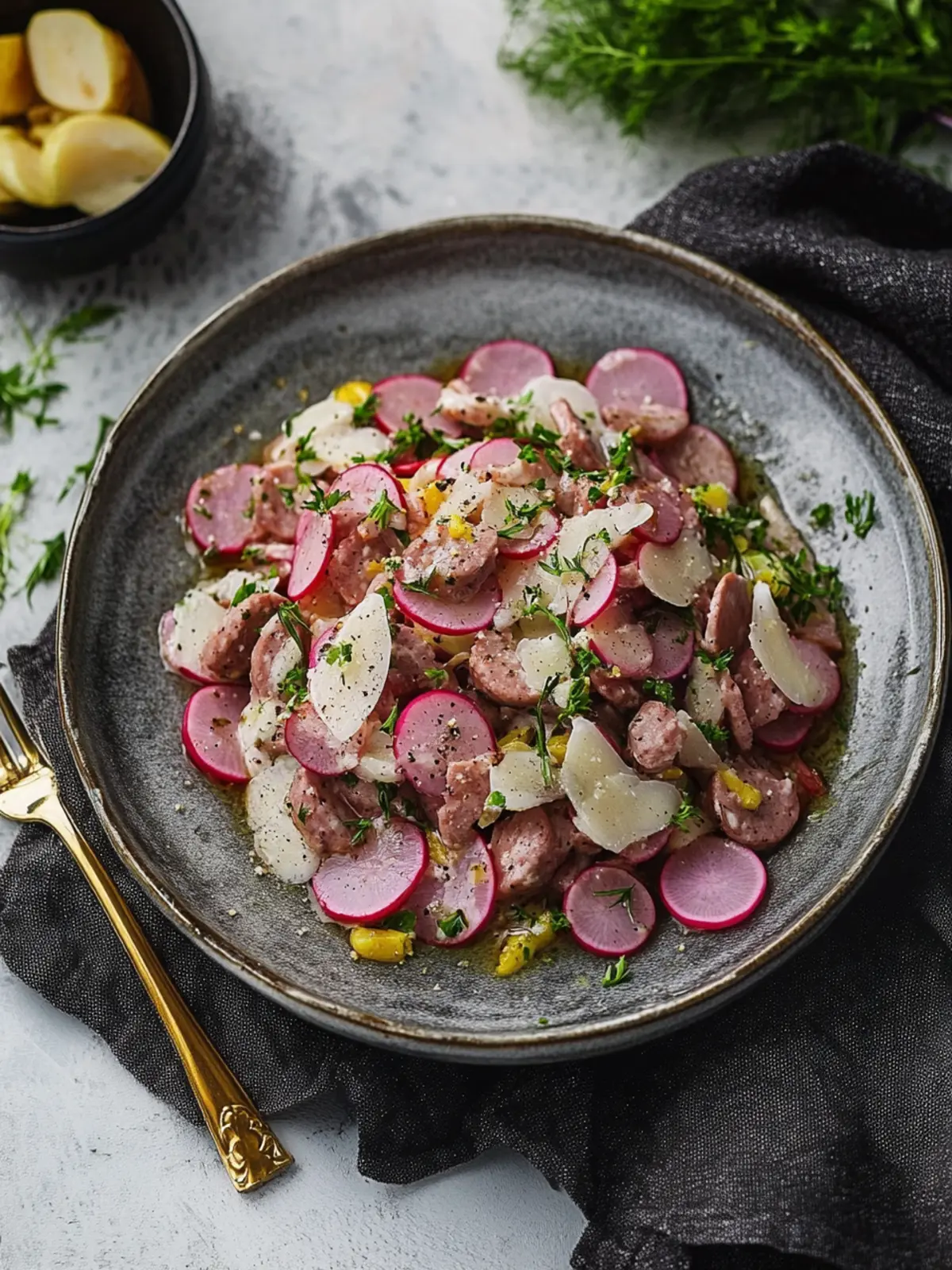 Bayerischer Wurstsalat mit Radieschen: Ein Sommergenuss genießen 5 Bayerischer Wurstsalat mit Radieschen, Rettich und Gewürzgurken