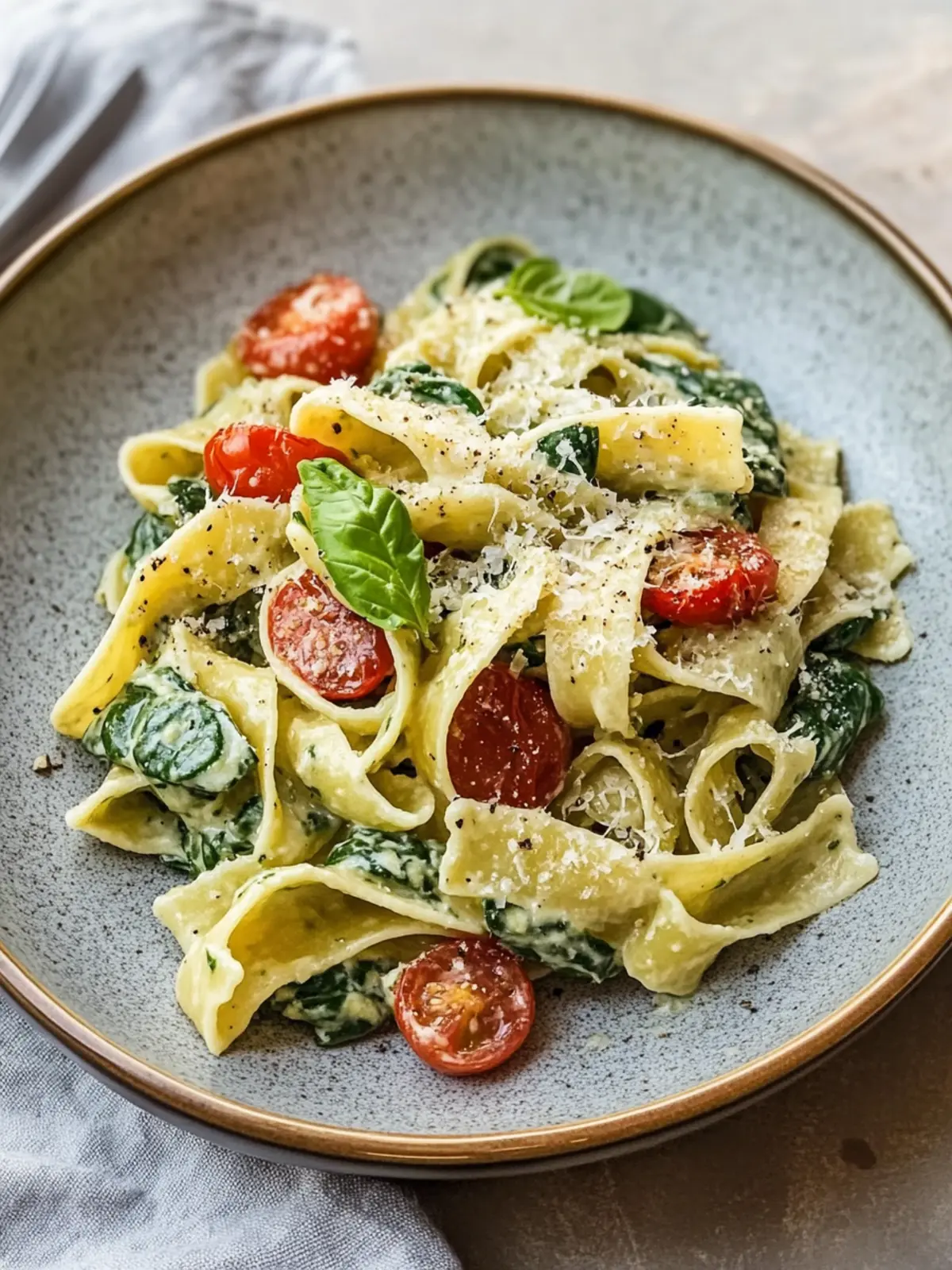 Cremige Spinat-Pasta mit getrockneten Tomaten für ein schnelles Festmahl 4 Creamy spinach pasta with sun-dried tomatoes