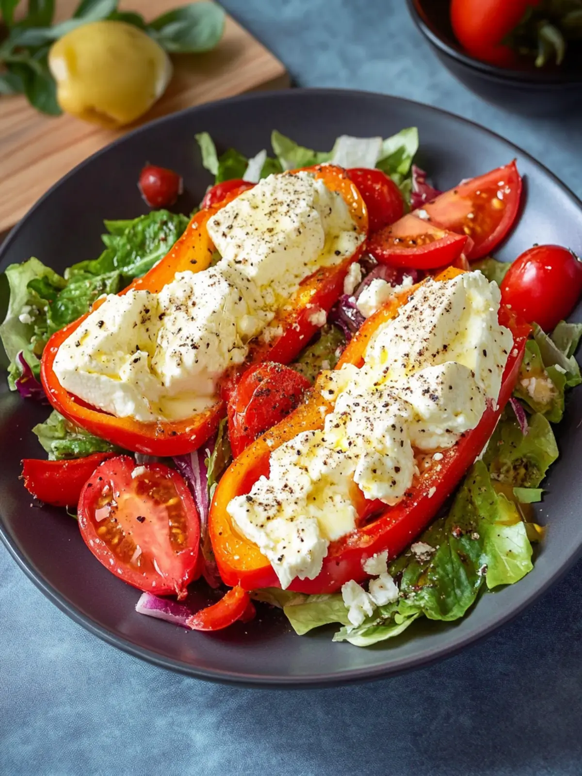 Genussvolle Stuffed Feta Peppers mit bunter Salatbeilage 2 Stuffed Feta Peppers with Colorful Salad
