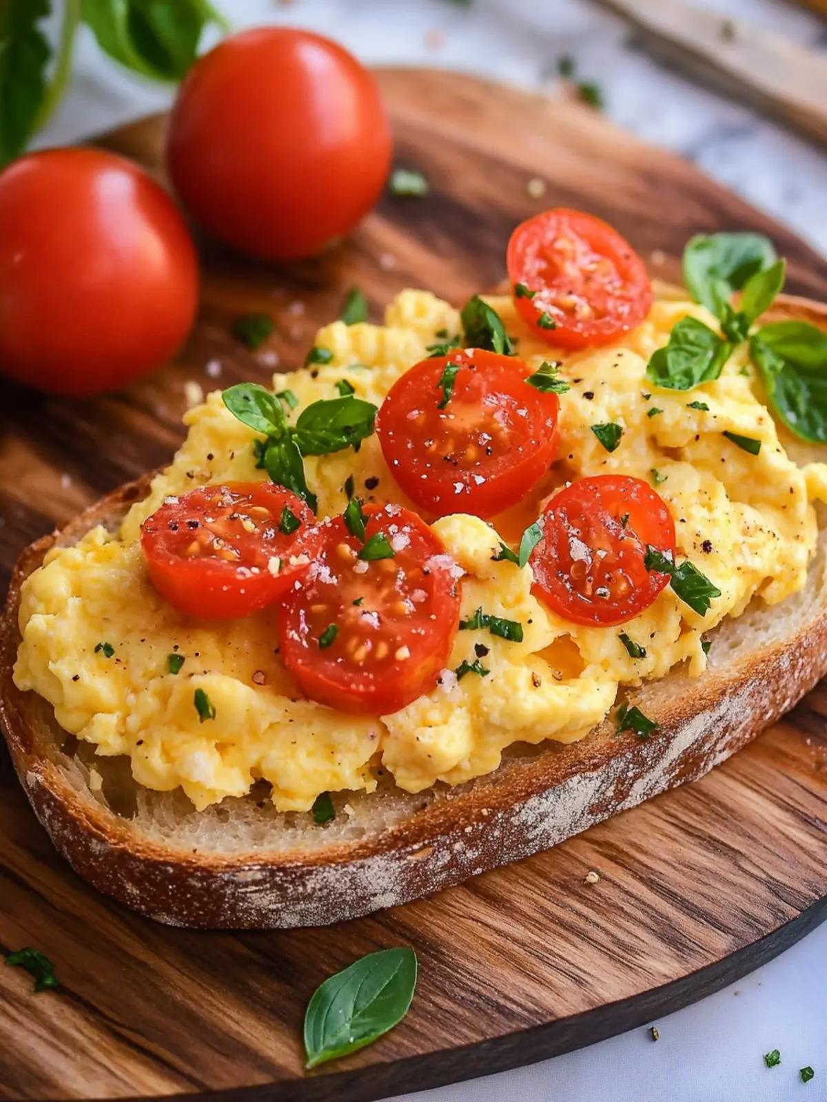 Leckere Rühreier mit Tomaten auf Brot für den perfekten Start 3 Delicious scrambled eggs with tomatoes on bread