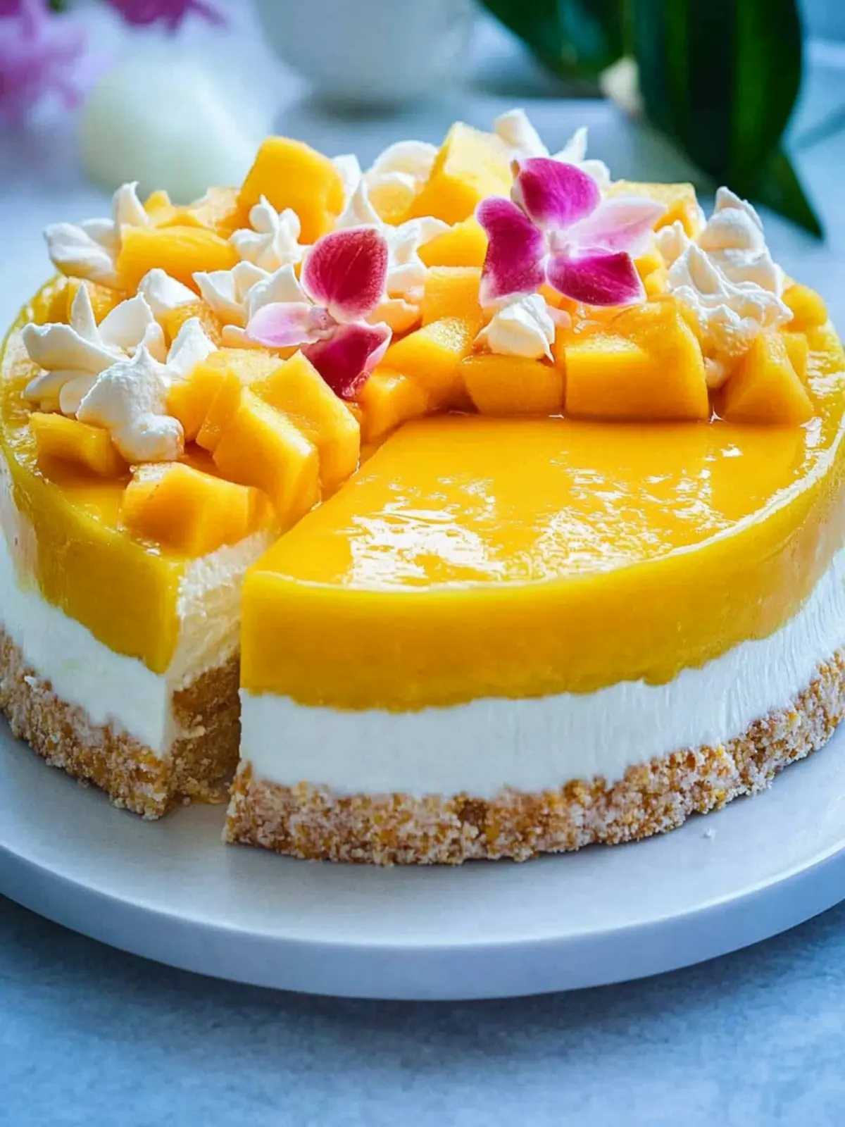 Mango-Torte mit Kokos und Fruchtspiegel für den perfekten Genuss 3 Mango-Torte mit Kokos und Fruchtspiegel
